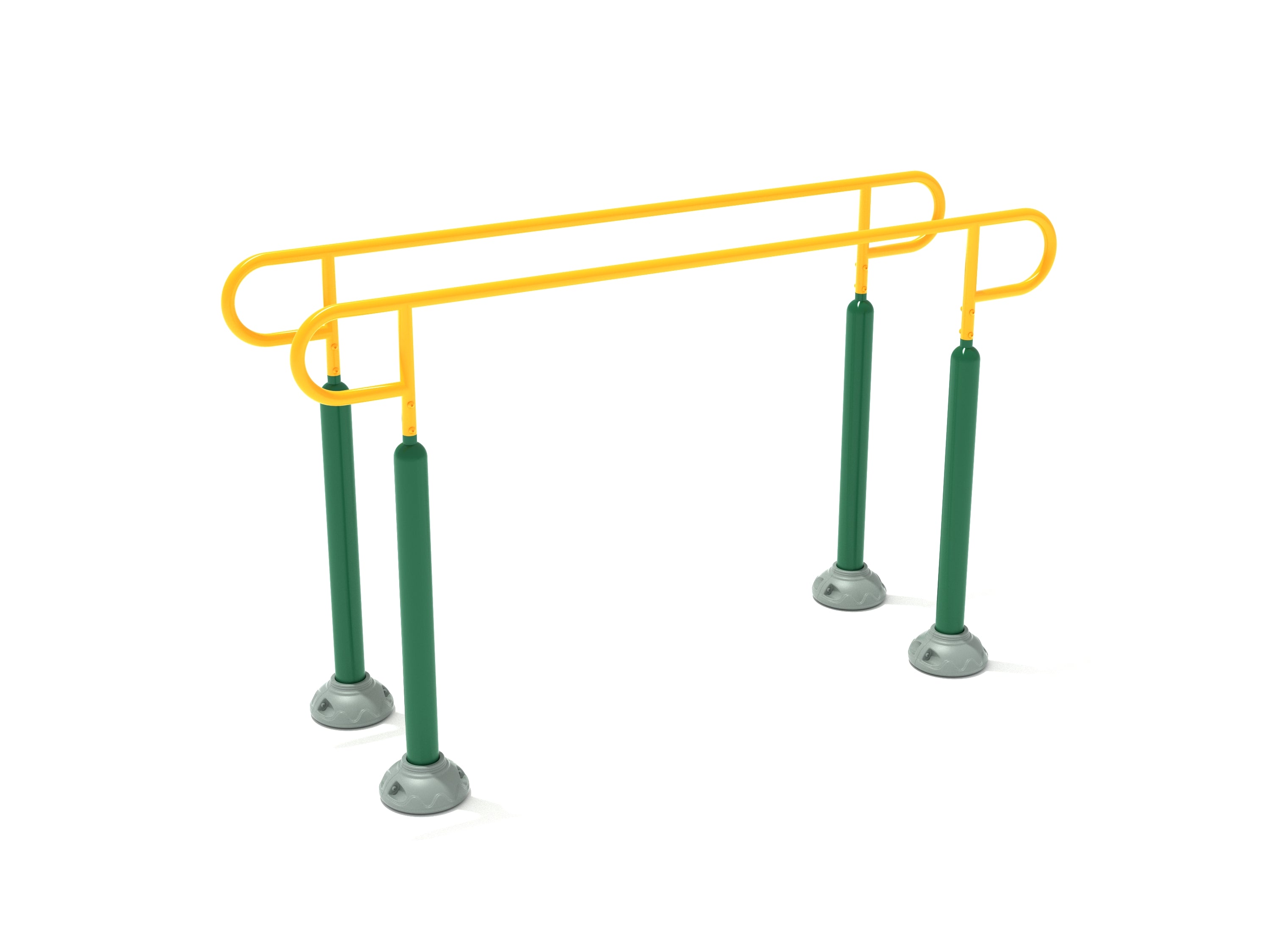 Outdoor single station parallel bars with yellow rails and green padded vertical supports for fitness and rehabilitation use