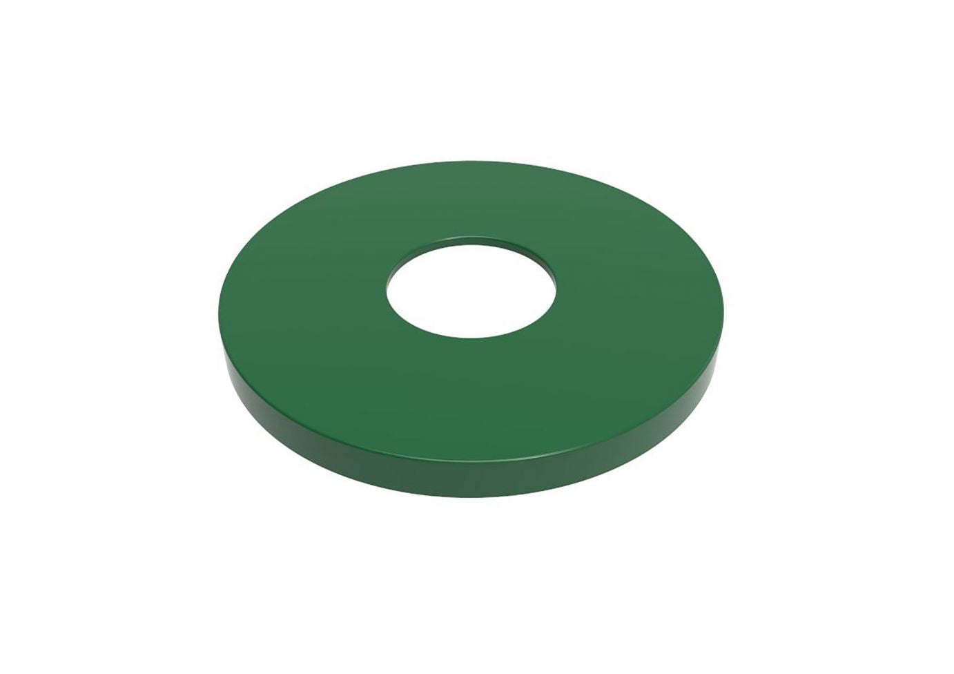 Green flat circular trash receptacle lid with centered round opening, shown from a slight angled perspective