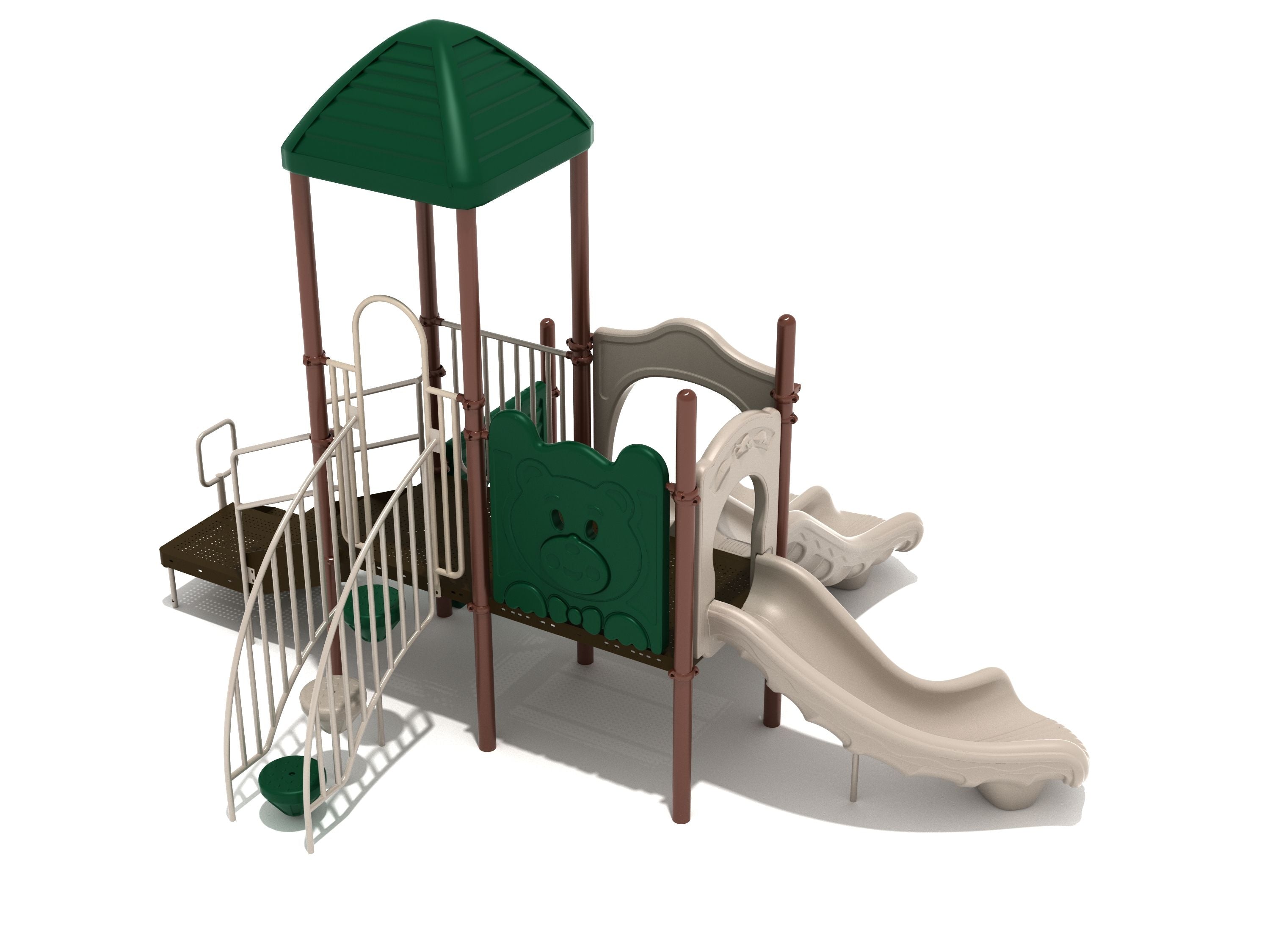Fayetteville Playground playset with green roof, bear panel, pebble climber, left-turn and double beige slides in neutral tones