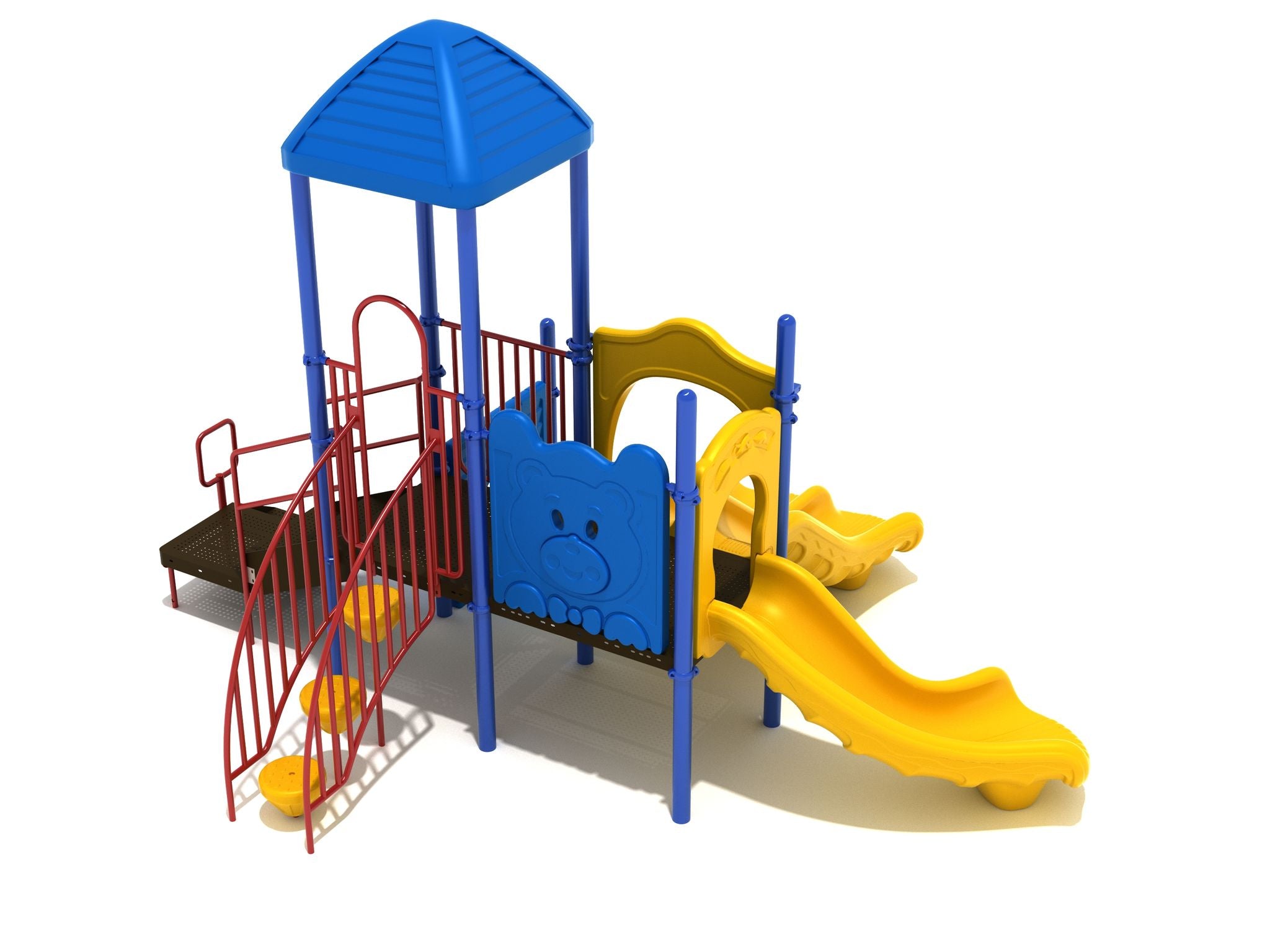 Compact playground with blue roof, red railings, yellow slides, and a blue bear panel for imaginative play