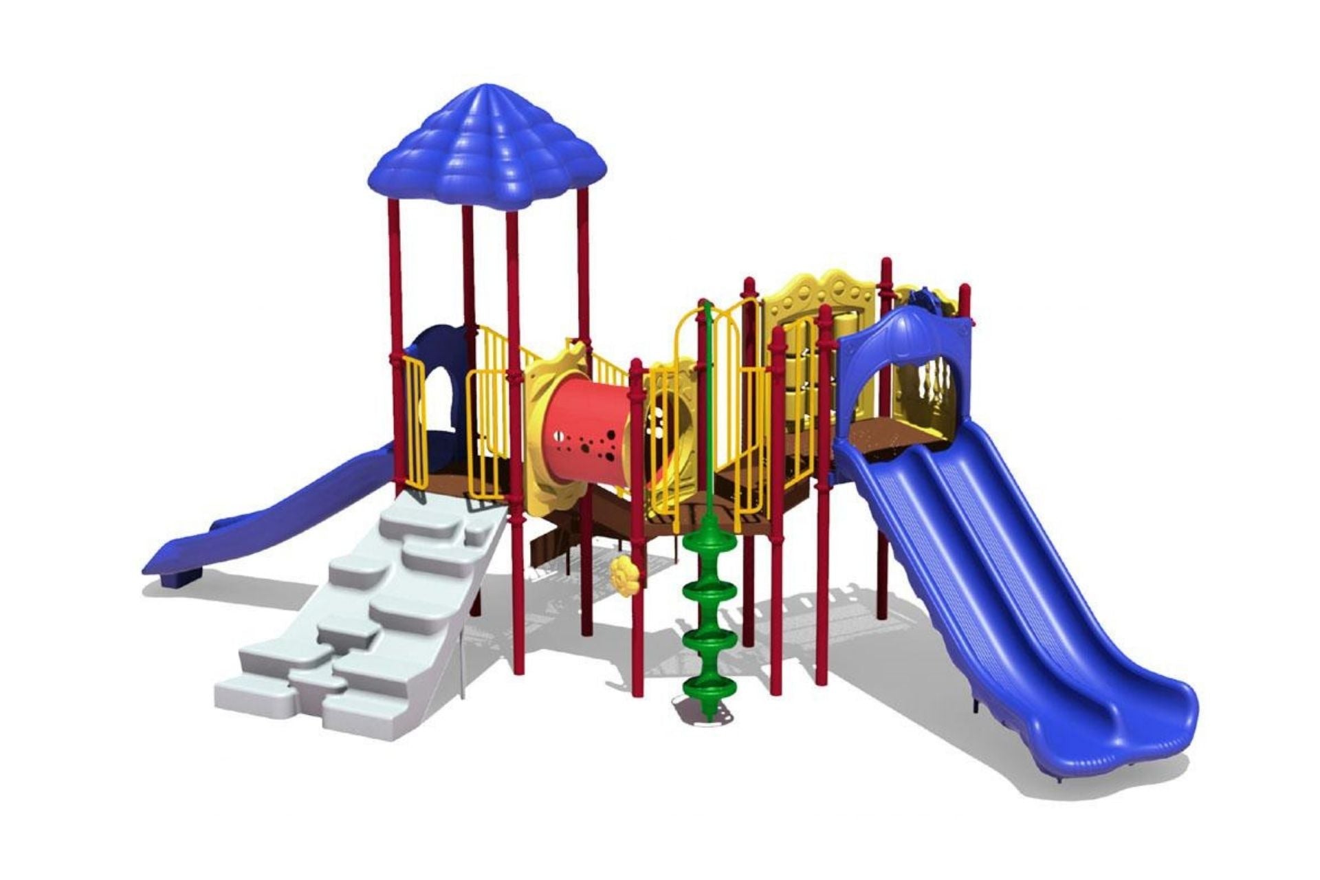 Falcon's Roost Play System with blue double slide, climbing wall, tunnel, and shaded roof in bright primary colors