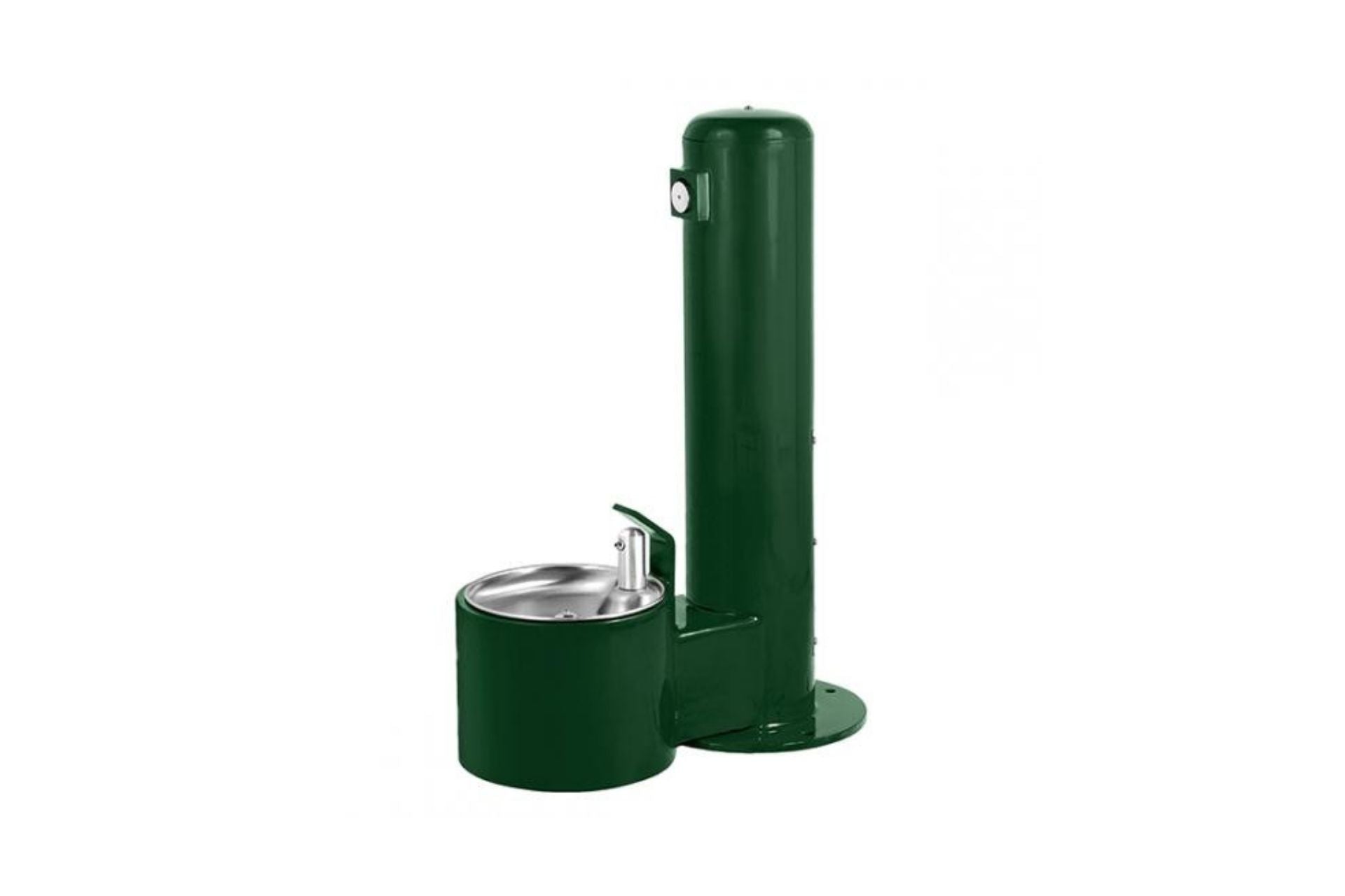 Fido Dog Water Fountain with green powder-coated steel, single drinking bowl, and tall water spout for dogs at dog park