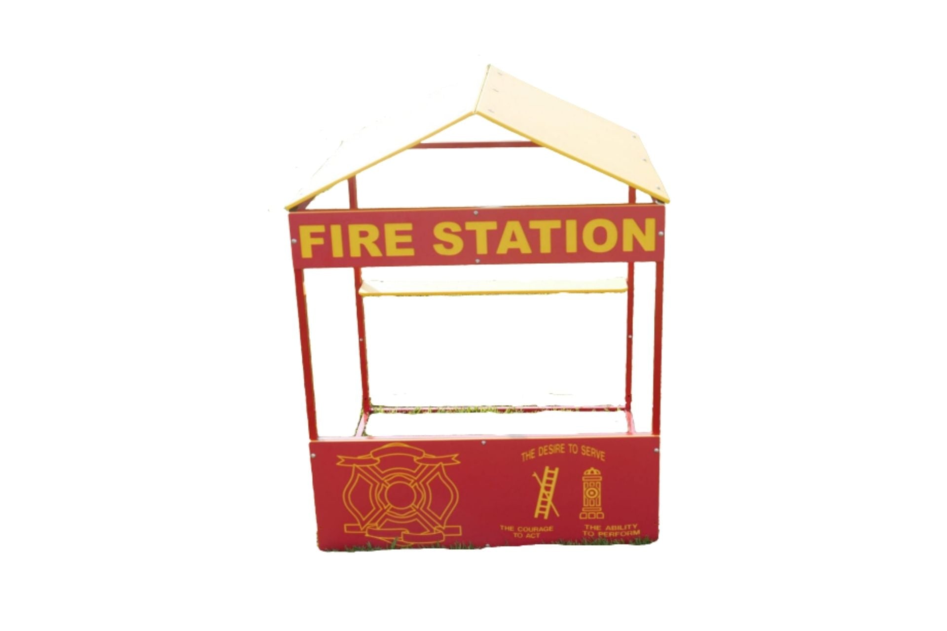 Fire Station Playhouse outdoor play equipment with red and yellow firefighter-themed design and open window for imaginative play