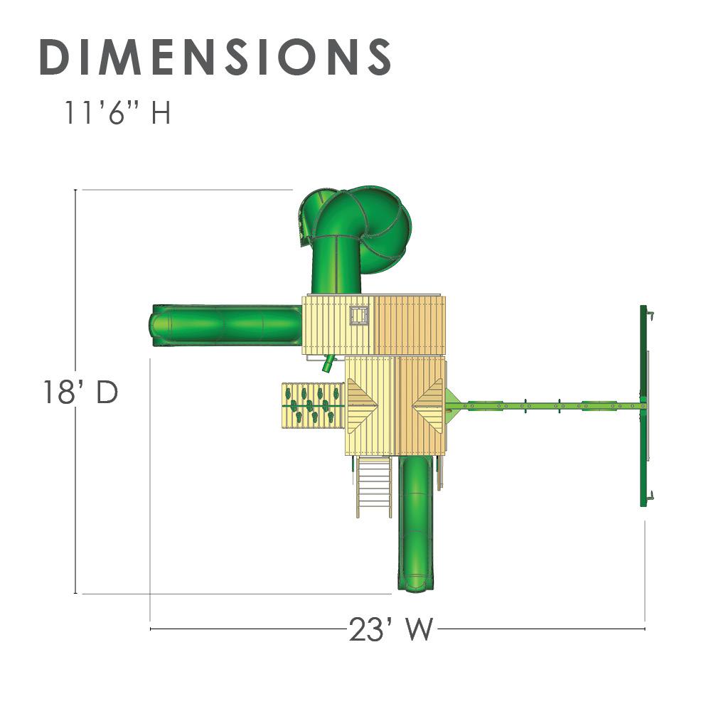 Overhead view of a wooden playset with two decks, three green slides, climbing wall, swings, basketball hoop, and play accessories