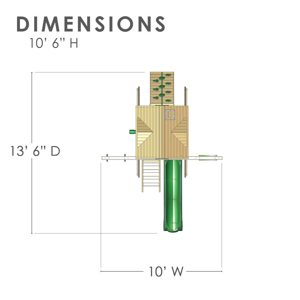 Overhead view of compact wooden swing set with green wave slide, rock climbing wall, ladder, and two belt swings