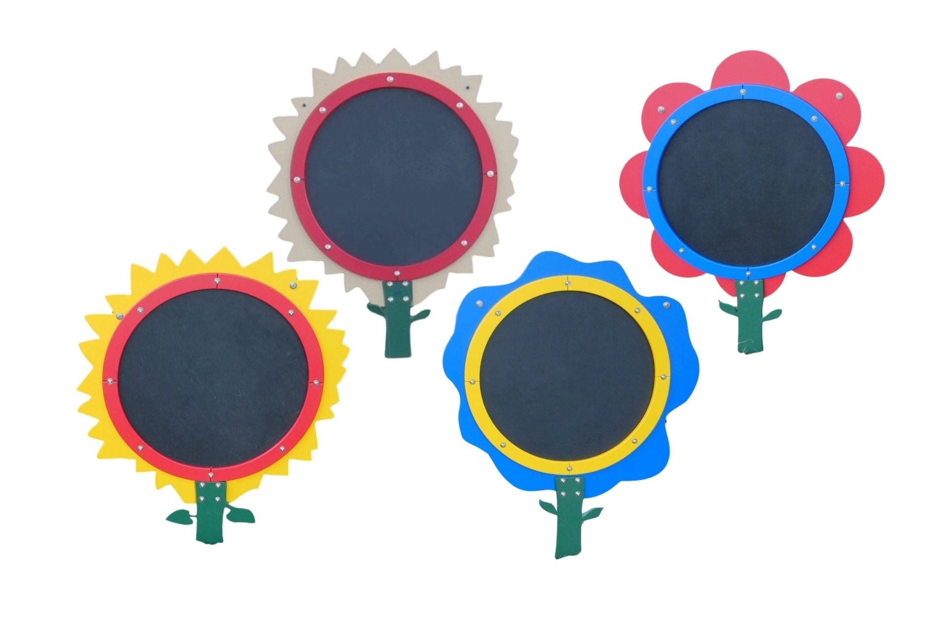 Chalk Board Flowers - One Flower outdoor chalkboard shaped like a colorful flower with green stem, promoting creativity and artistic play.