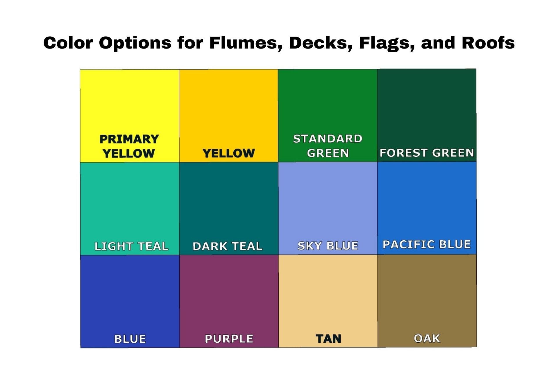 Lake Superior Water Slide color options chart showing various roof and deck color swatches for the slide’s design.