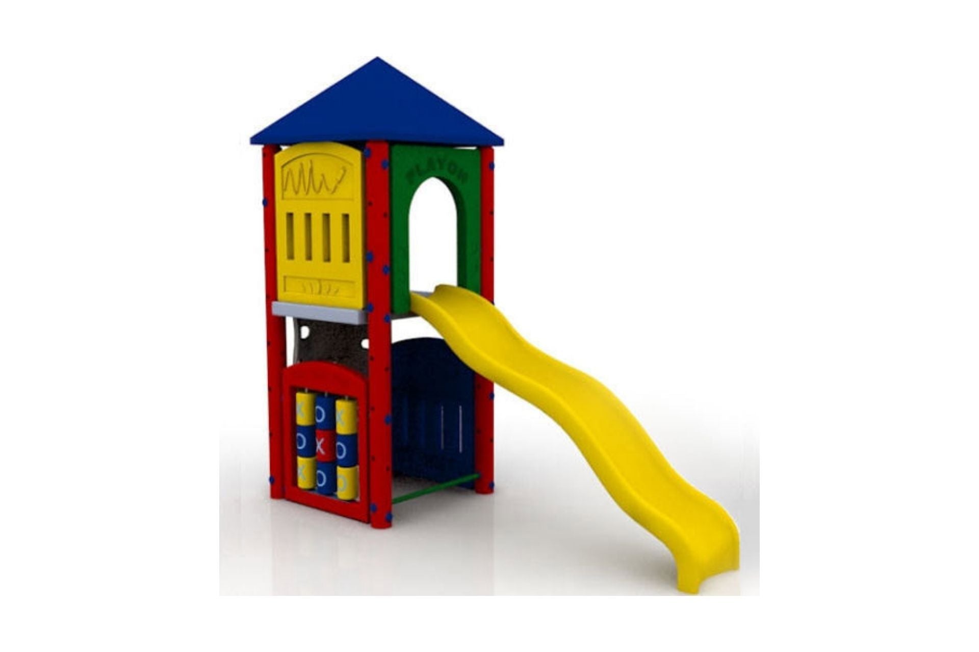 Fort Adams Playground with 5-foot deck, yellow wave slide, tic tac toe panel, colorful crayon tower roof, and vertical climber