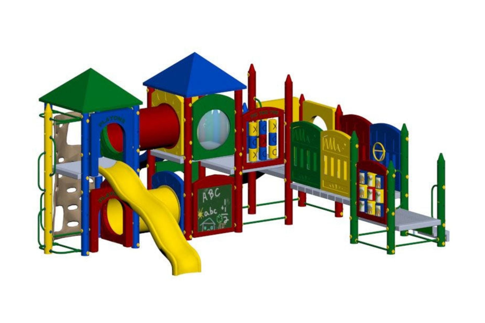 Fort Bridger large play system with colorful slides, climbing wall, tic tac toe, and activity panels in red, yellow, green, and blue plastic