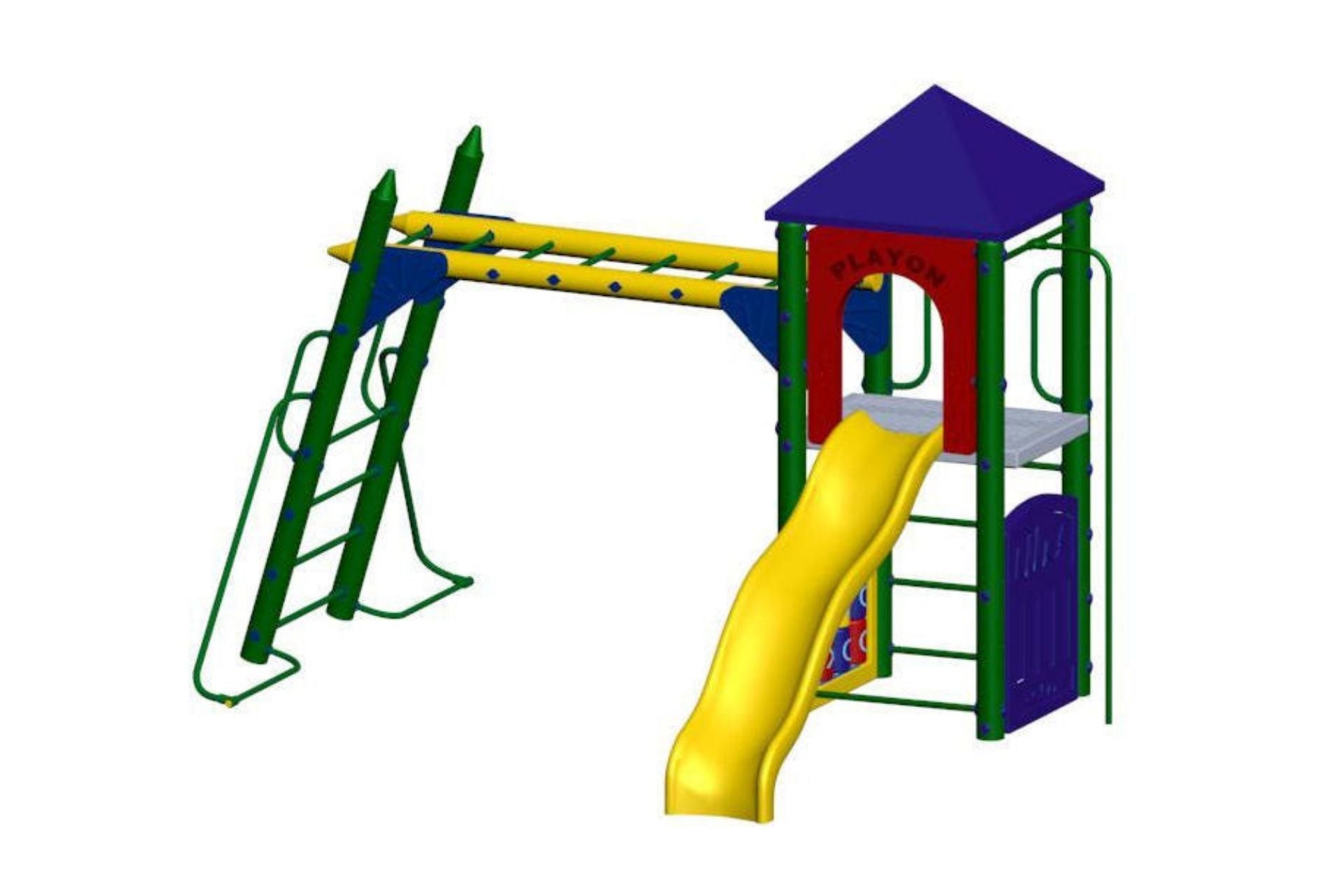 Fort Columbus Playground 5 Foot Deck Height with yellow slide, green climber, blue pyramid roof, red play panels, and tic tac toe panel