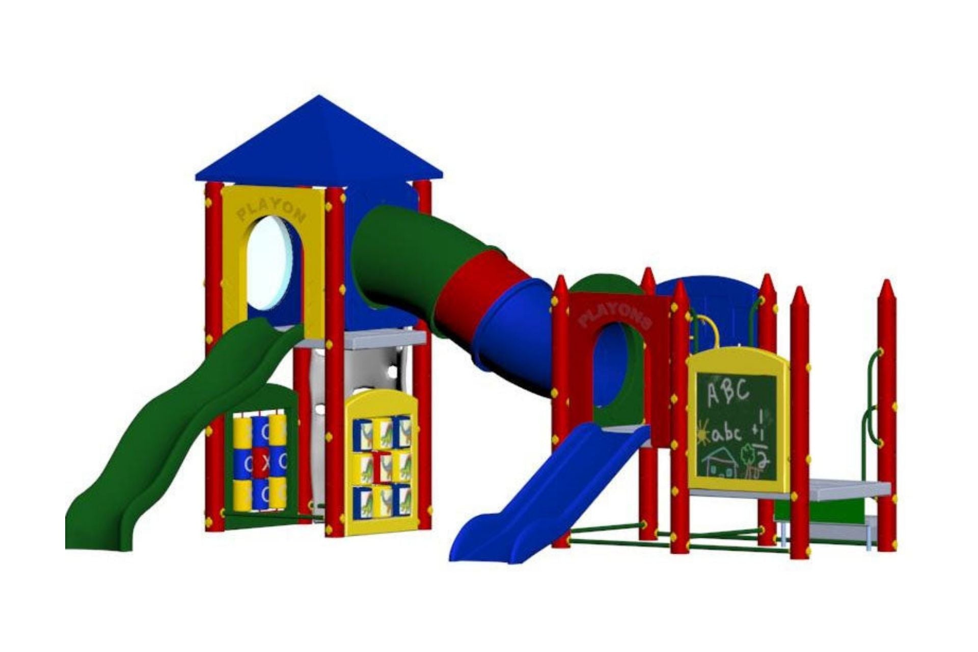 Fort Davis Playground with multi-height decks, green and blue slides, tic tac toe and chalkboard panels, and a tube tunnel