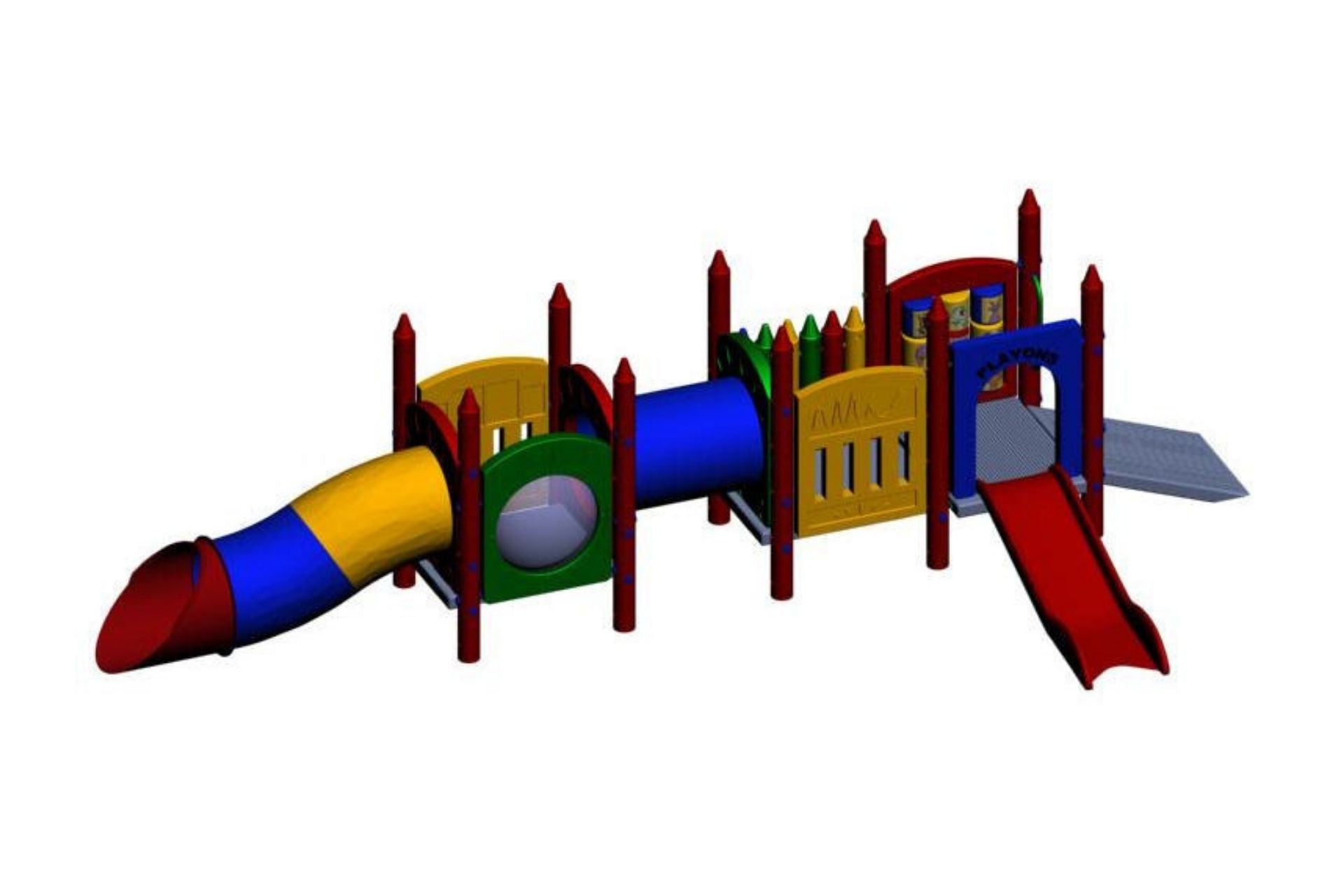 Fort Greble ME 2 Playground with colorful crayon-themed towers, slides, crawl tube, and interactive activity panels in red, blue, yellow, and green.