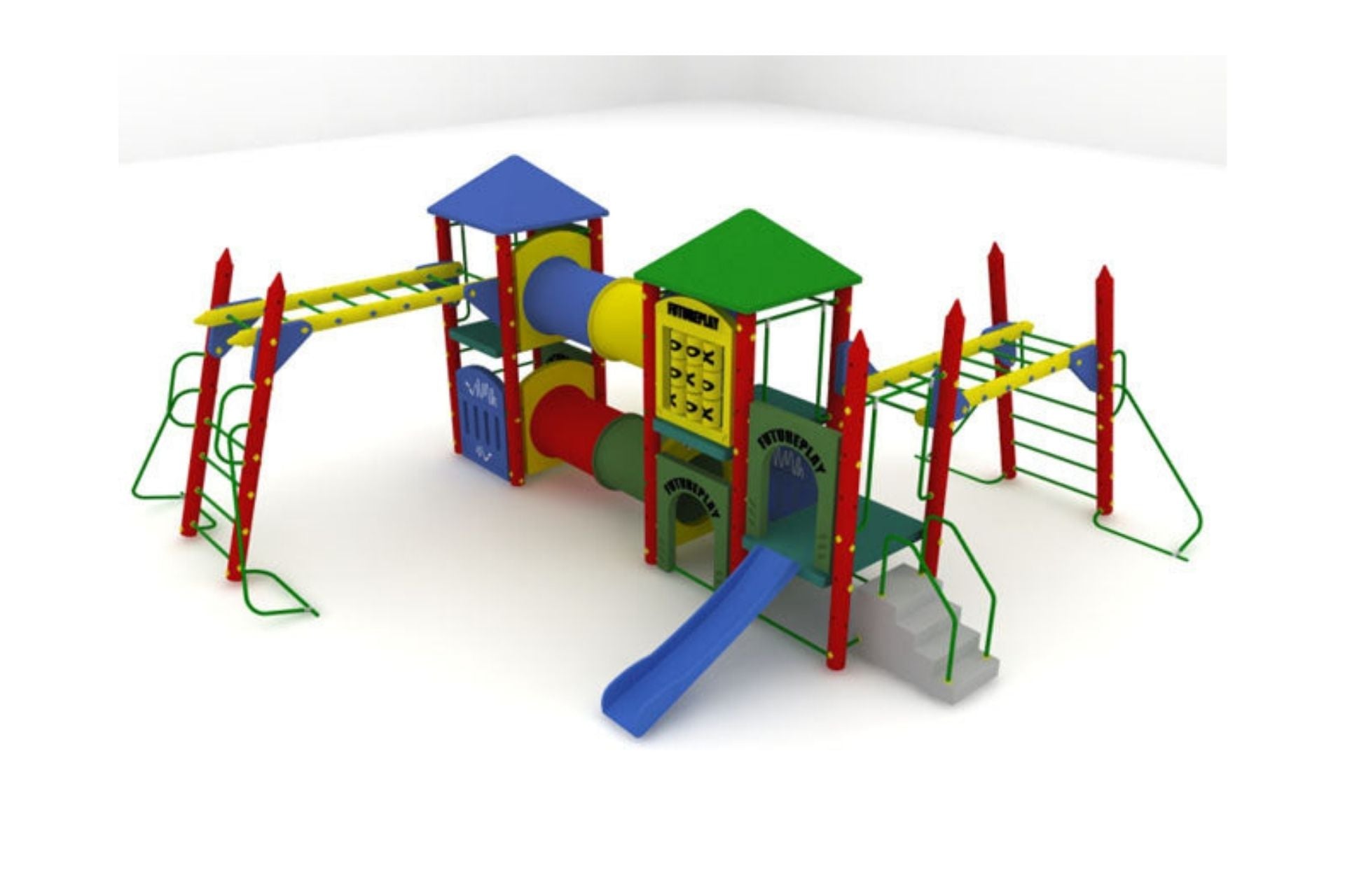 Fort Jefferson Playground large play system with colorful slides, tunnels, monkey bars, and climbing structures in a compact design