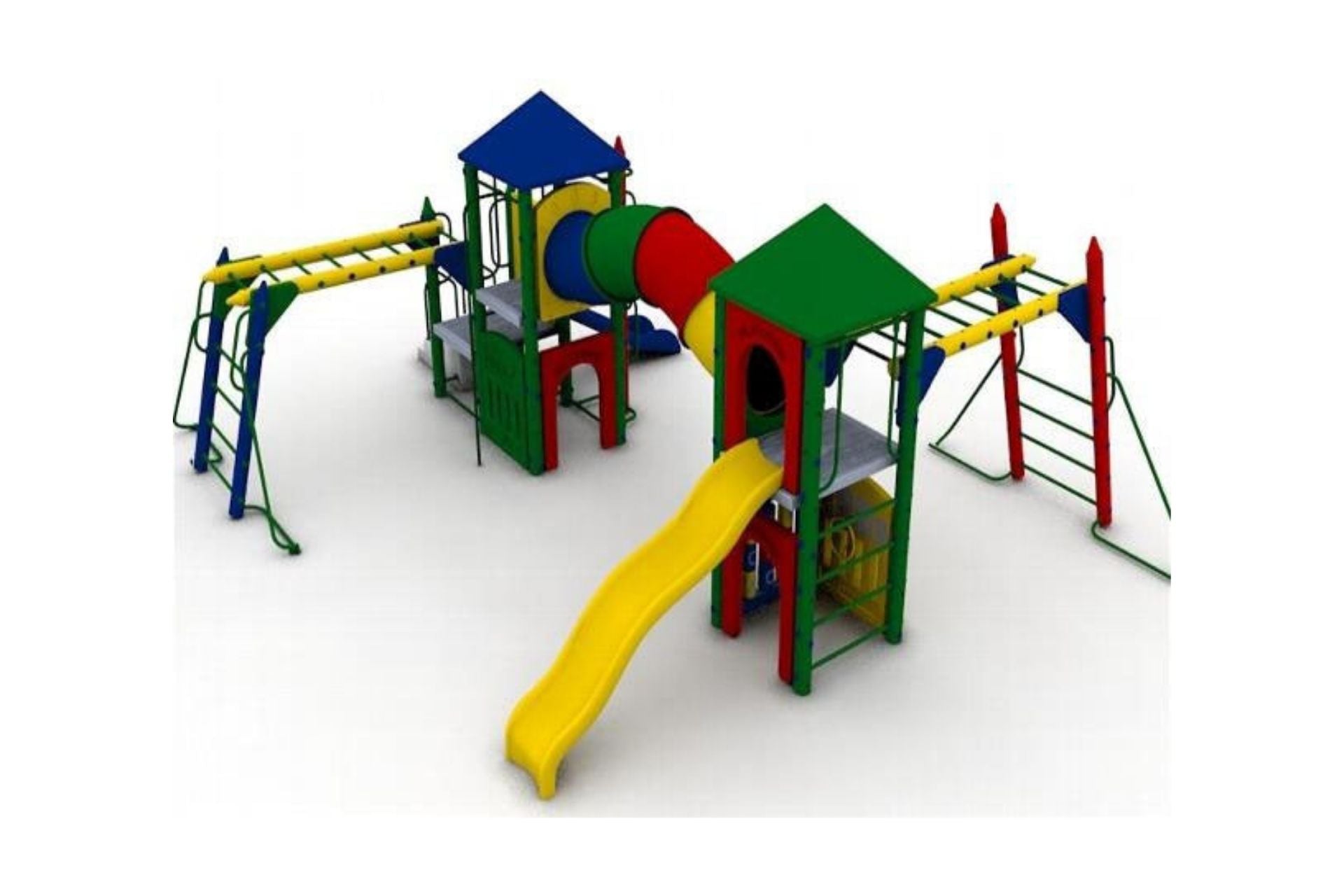 Fort Lafayette Playground with colorful crayon towers, yellow slide, tube tunnel, monkey bars, and climbing structures on white background