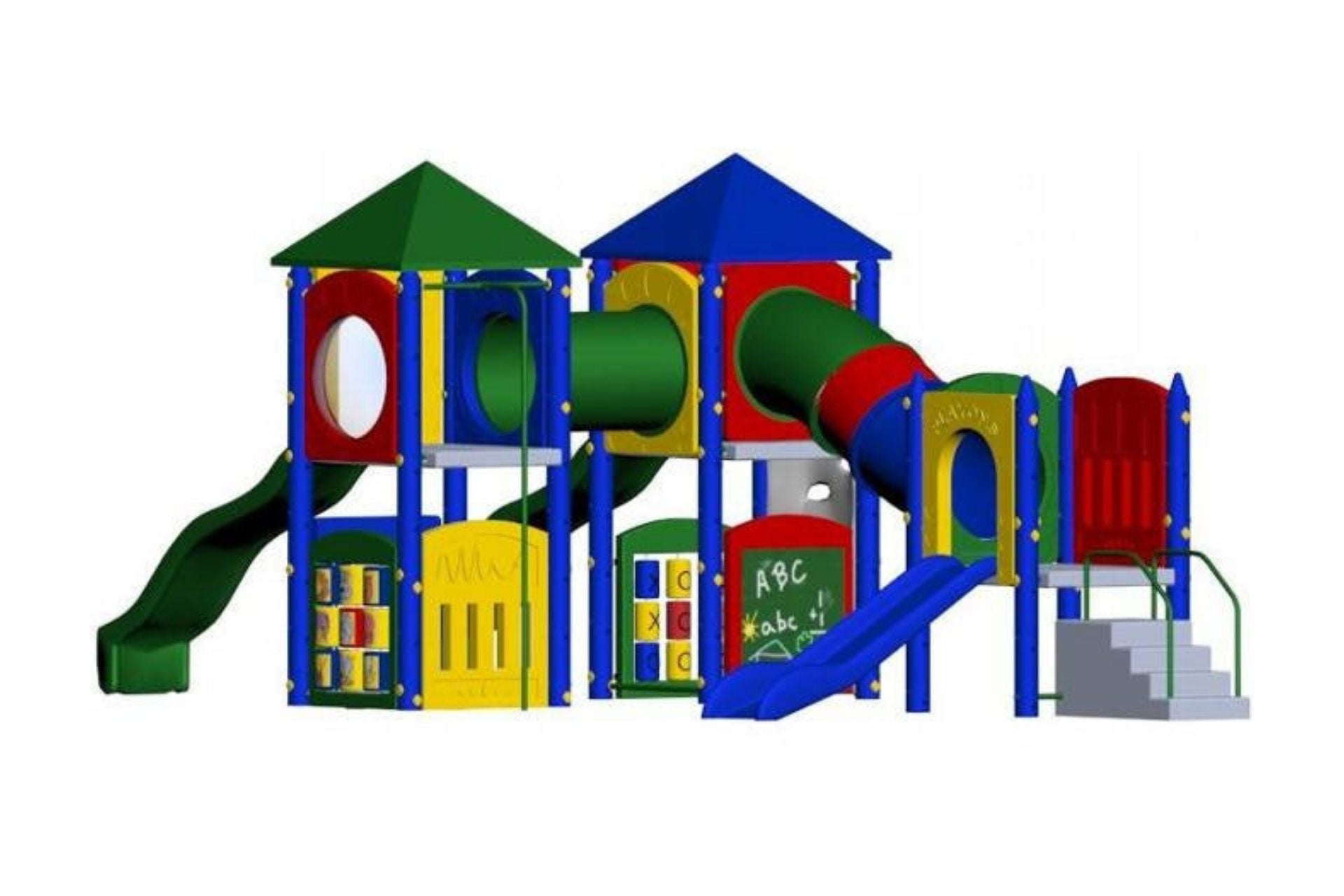 Fort Mason Playground with multi-level decks, colorful slides, crawl tunnel, activity panels, and pyramid roofs in blue, green, red, and yellow