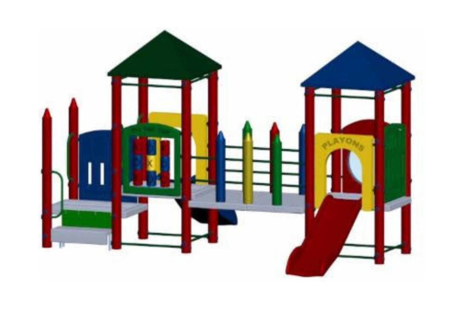Fort McHenry Playground large play system with colorful crayon towers, slides, and activity panels for young children