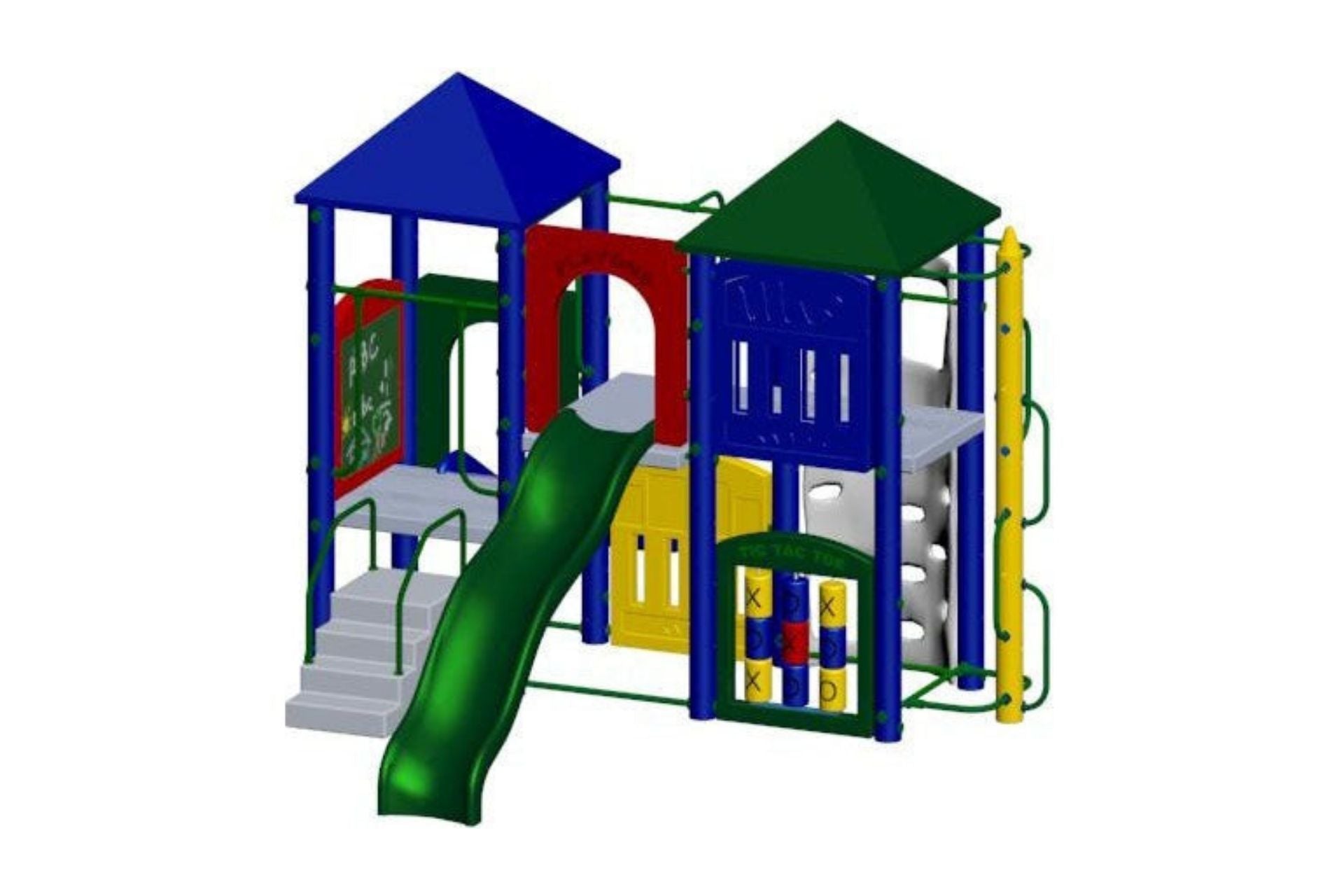 Fort Tyler Playground with multi-level decks, green slide, tic tac toe panel, climbing wall, and blue-green pyramid roofs