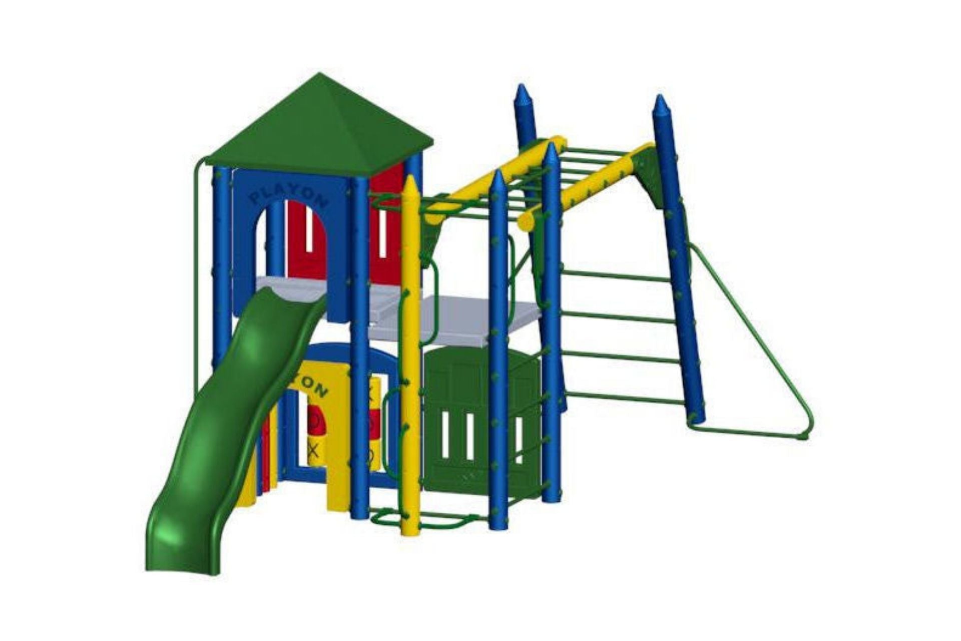 Fort Vancouver Large Play Systems with green slide, pyramid roof, tic tac toe panel, and colorful climbers in blue, yellow, and green