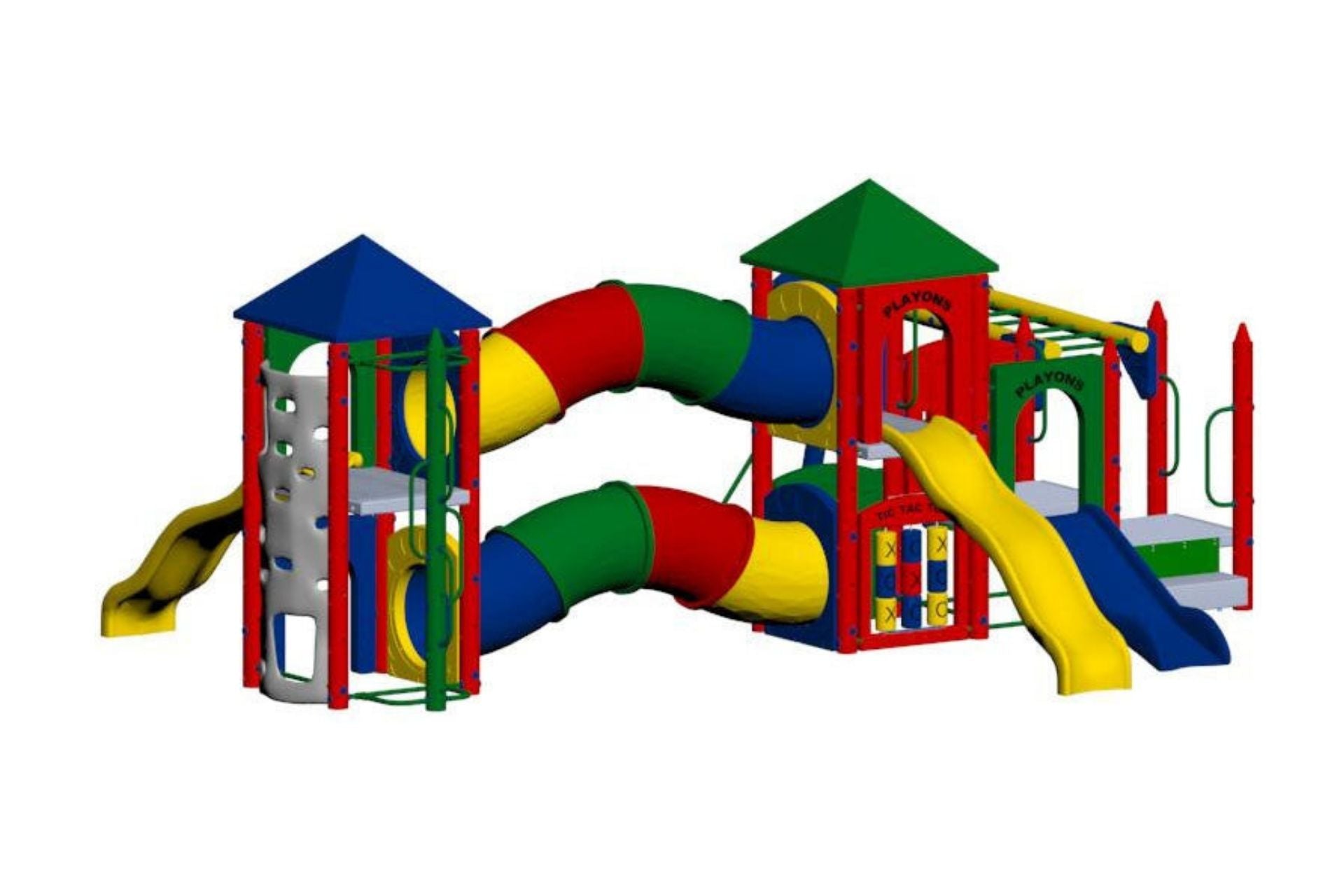 Fort Washington Playground large play system with colorful slides, climbing walls, tunnels, tic tac toe panel, and multiple deck heights