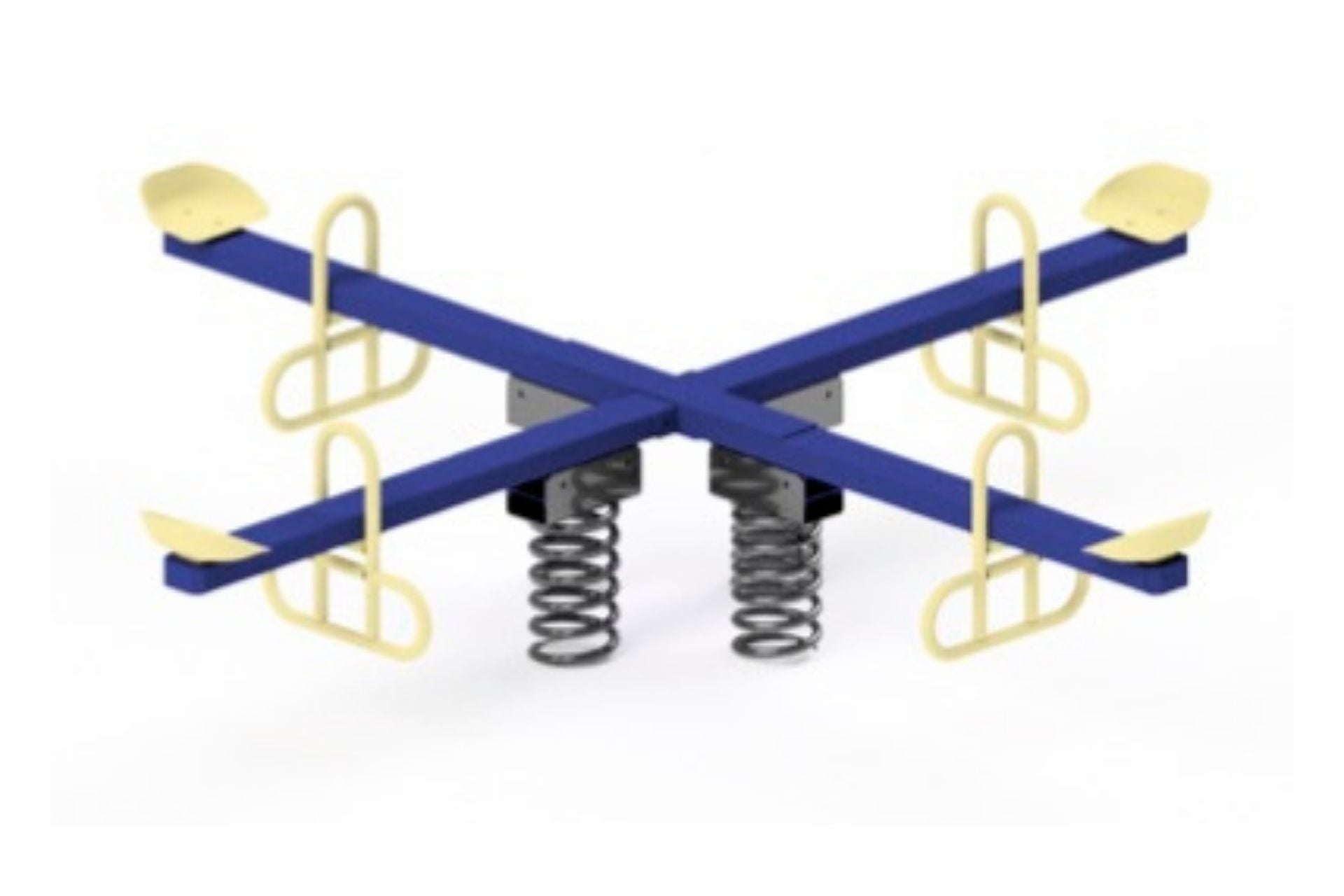 Four-seat playground spring rider with blue beams, yellow seats and handles, mounted on dual metal springs