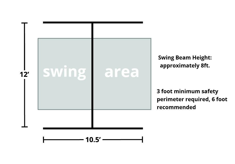Overhead view of amber-stained cedar wooden swing set frame with two traditional swings and one trapeze bar