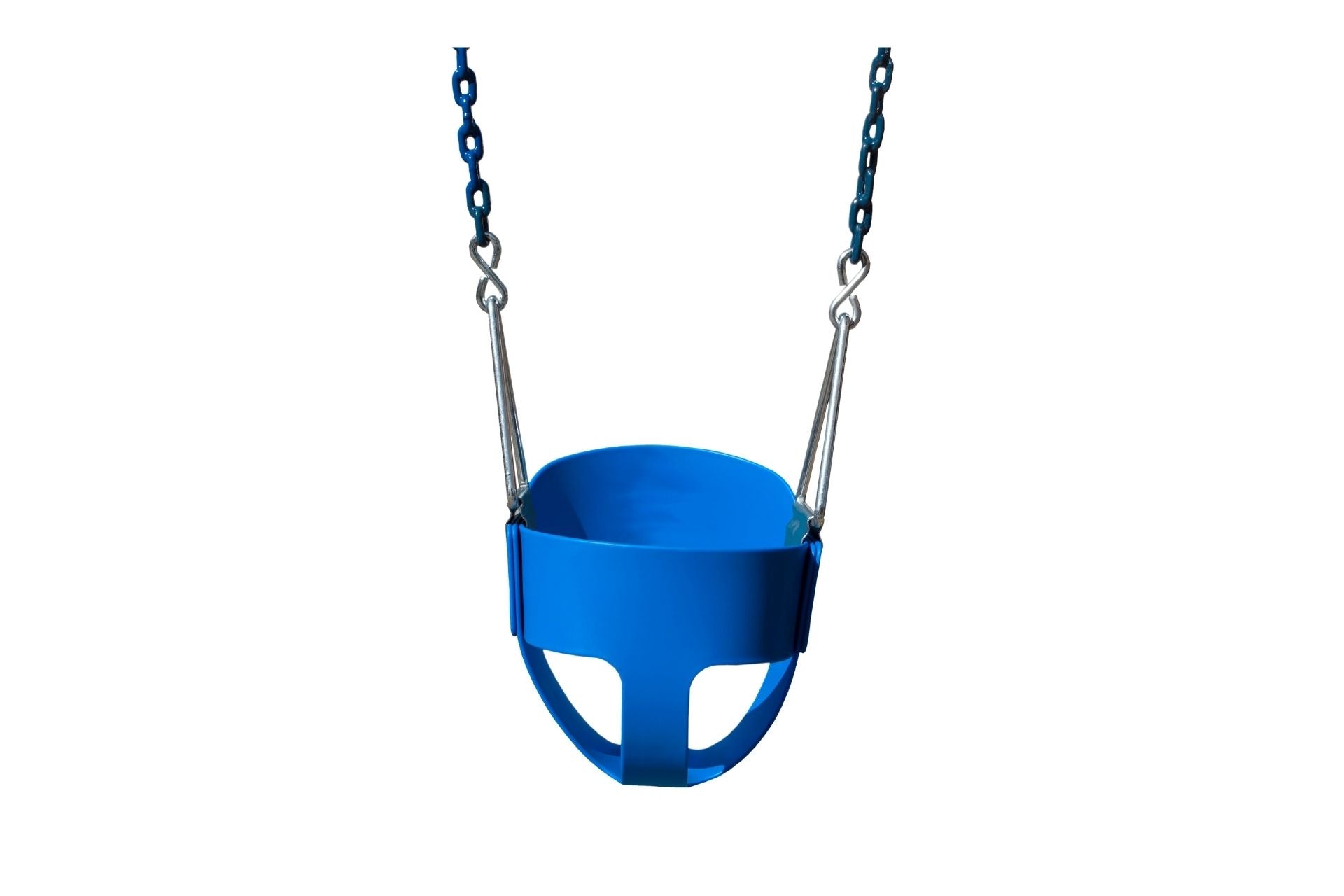 Full Bucket Seat With Chain toddler swing in blue with galvanized hangers and coated upper chains for UV protection