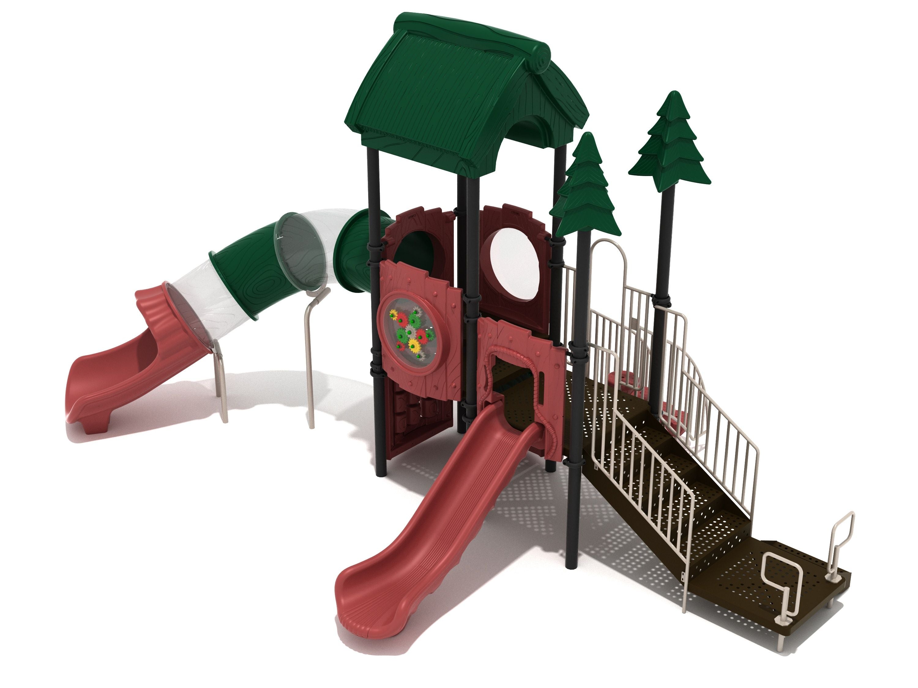 Playground structure with green gable roof, two pine tree toppers, red slides including a tube slide, and interactive gear panel