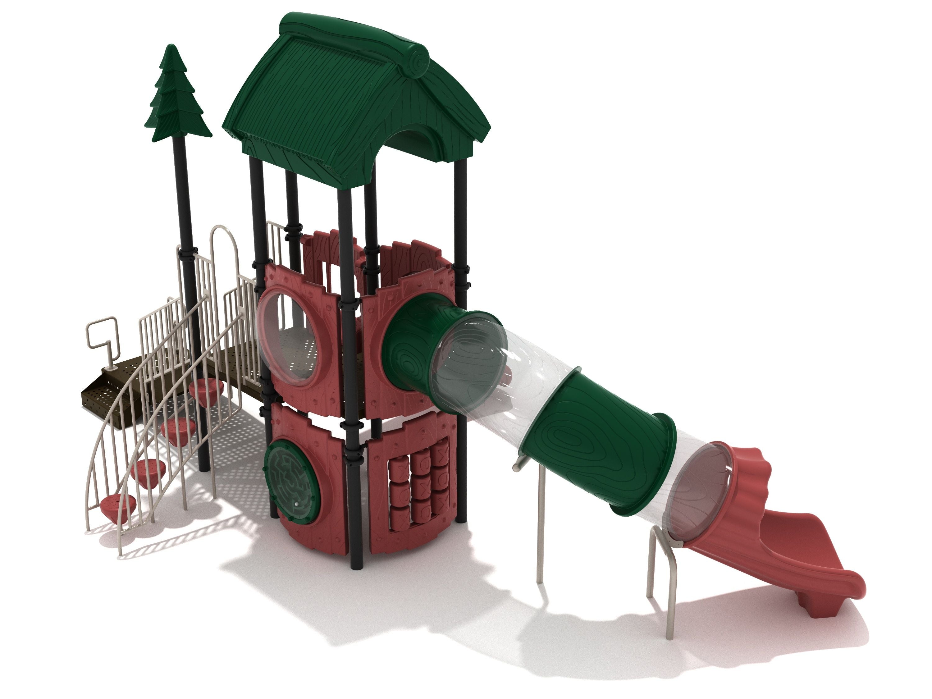 Playground structure with green gable roof, red activity panels, pebble climber steps, and multicolored tube slide with clear sections