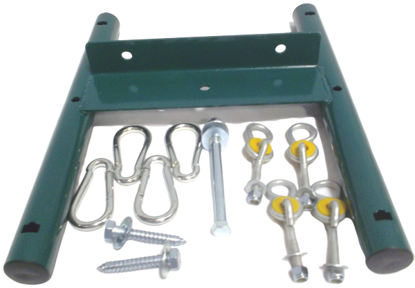 Glider Support Assembly with green metal frame, nylon bushing swing hangers, spring clips, and lag bolts for swing set accessories