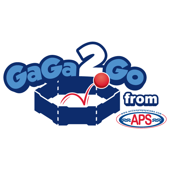 Blue and white GaGa ball pit logo with stylized text and a red ball bouncing inside a hexagonal outline featuring APS branding