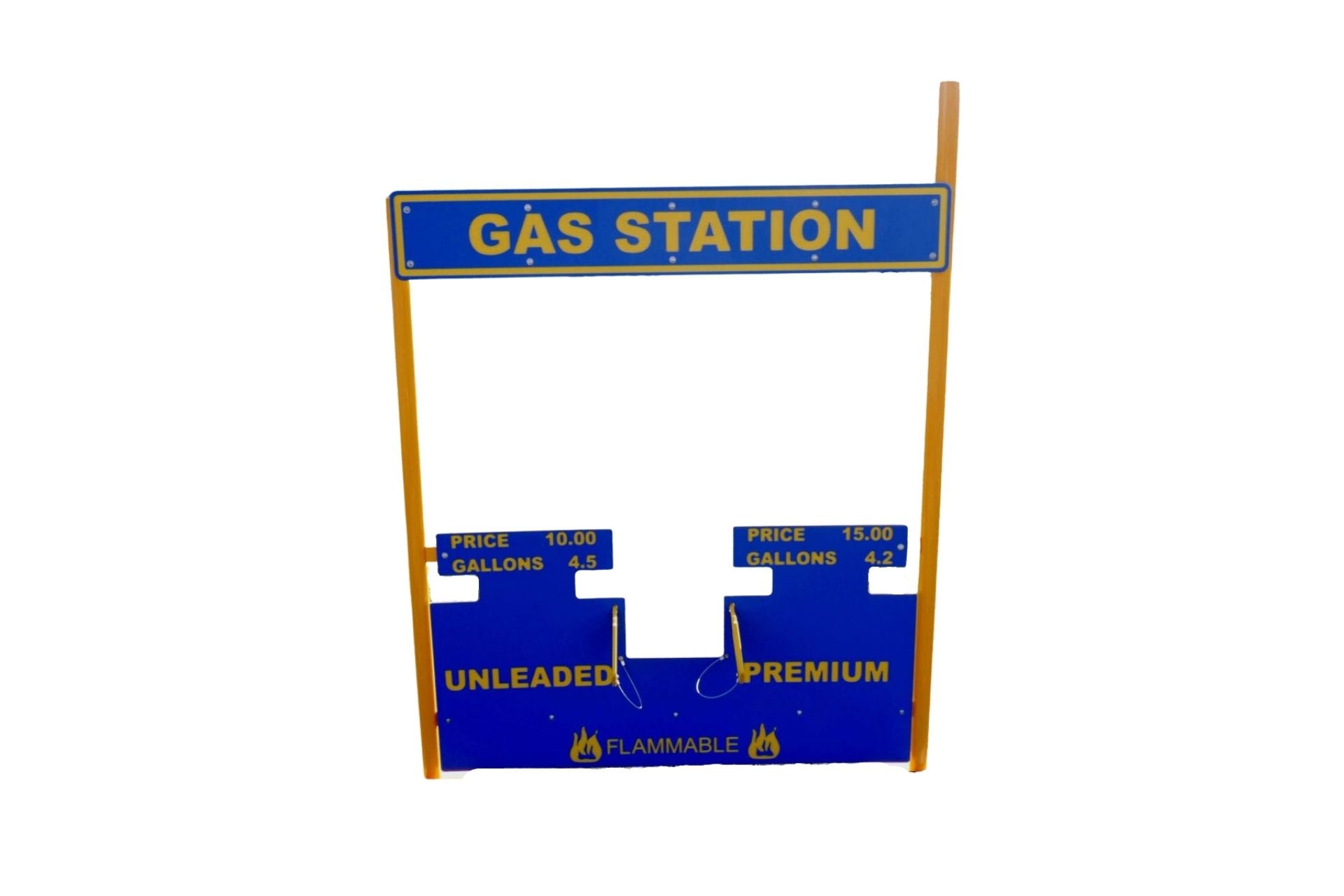 Blue and yellow playground gas station playset with pretend unleaded and premium pumps for interactive role-play.