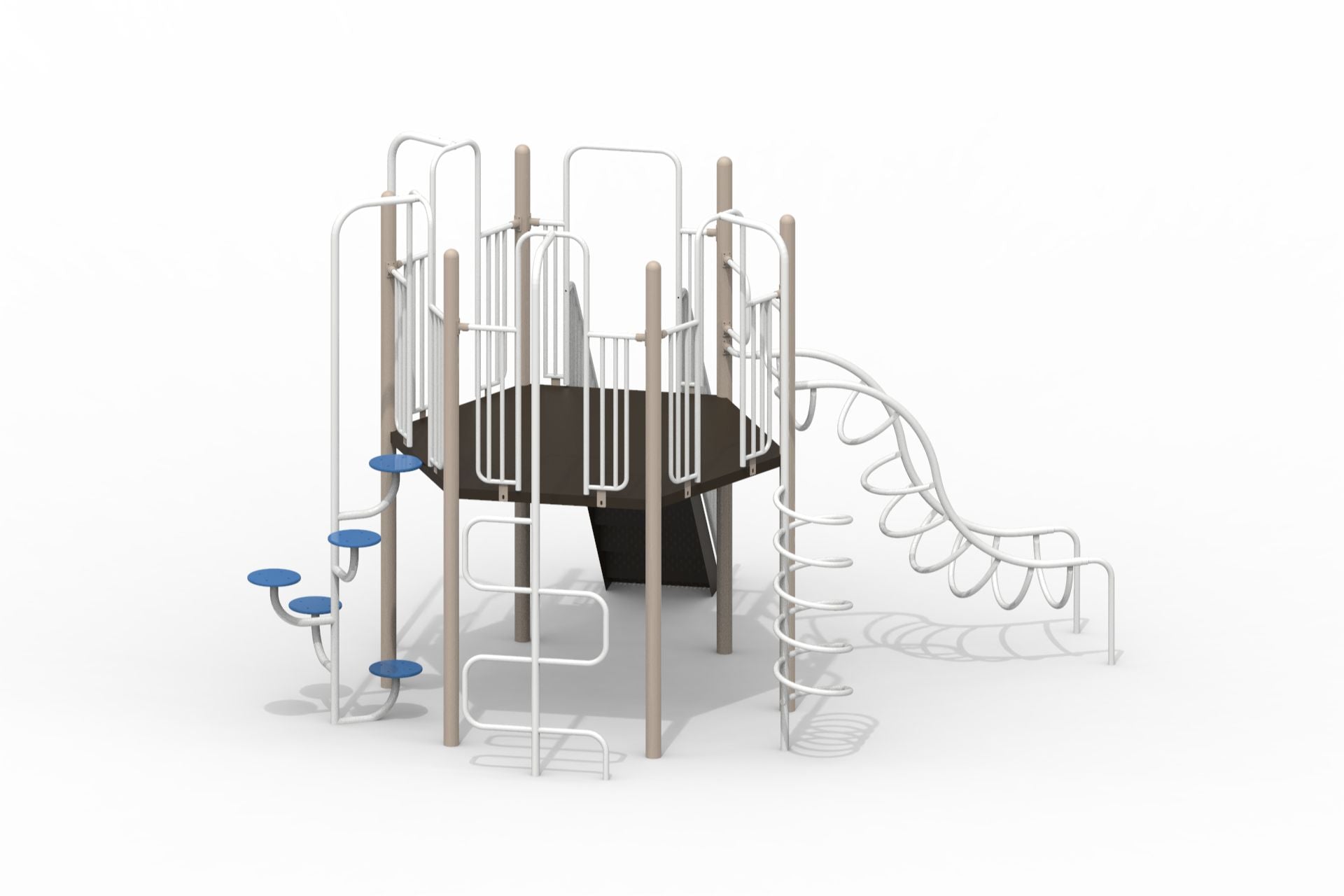Playground climber with 5-foot hex deck, U and corkscrew climbers, firepole, step ladder, blue pods, white rails