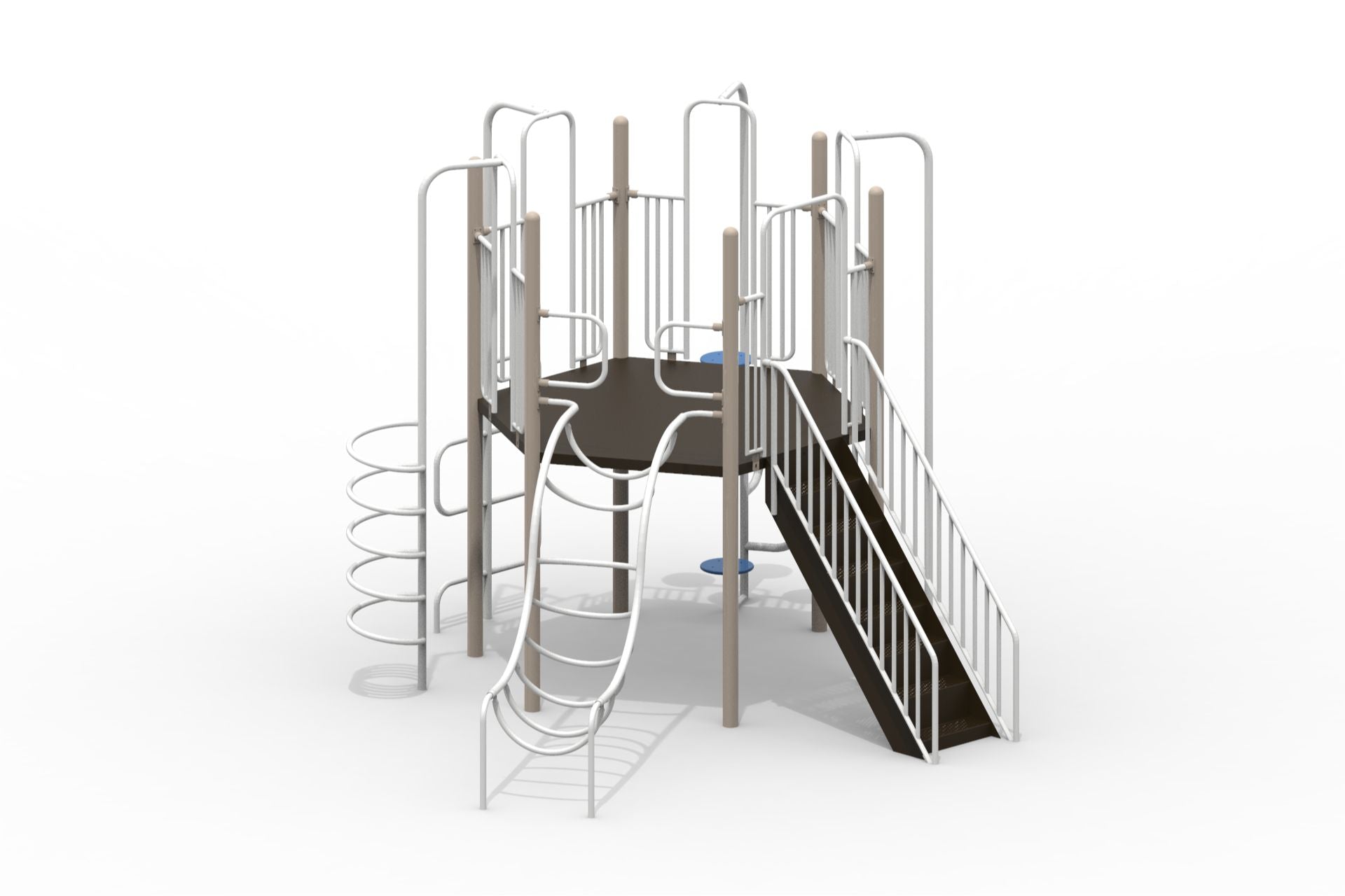 Commercial playground climber with 5' hex deck, stairs, U ladder, spiral climber, step pods, steel rails, neutral finish.
