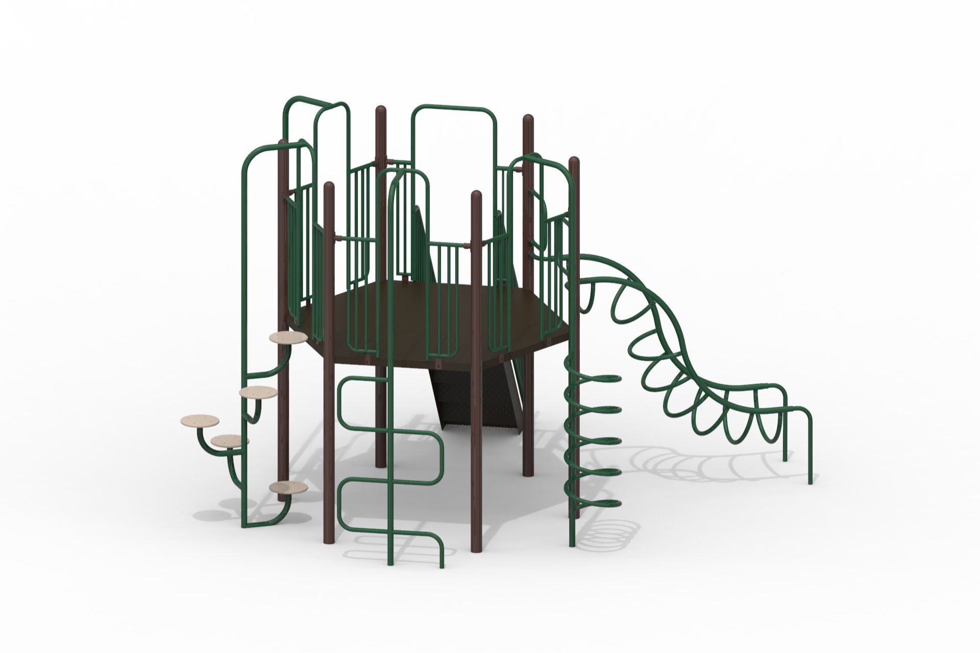 Commercial playground climber with 5' hex deck, green rails, step pods, U ladder and corkscrew climber, brown posts.