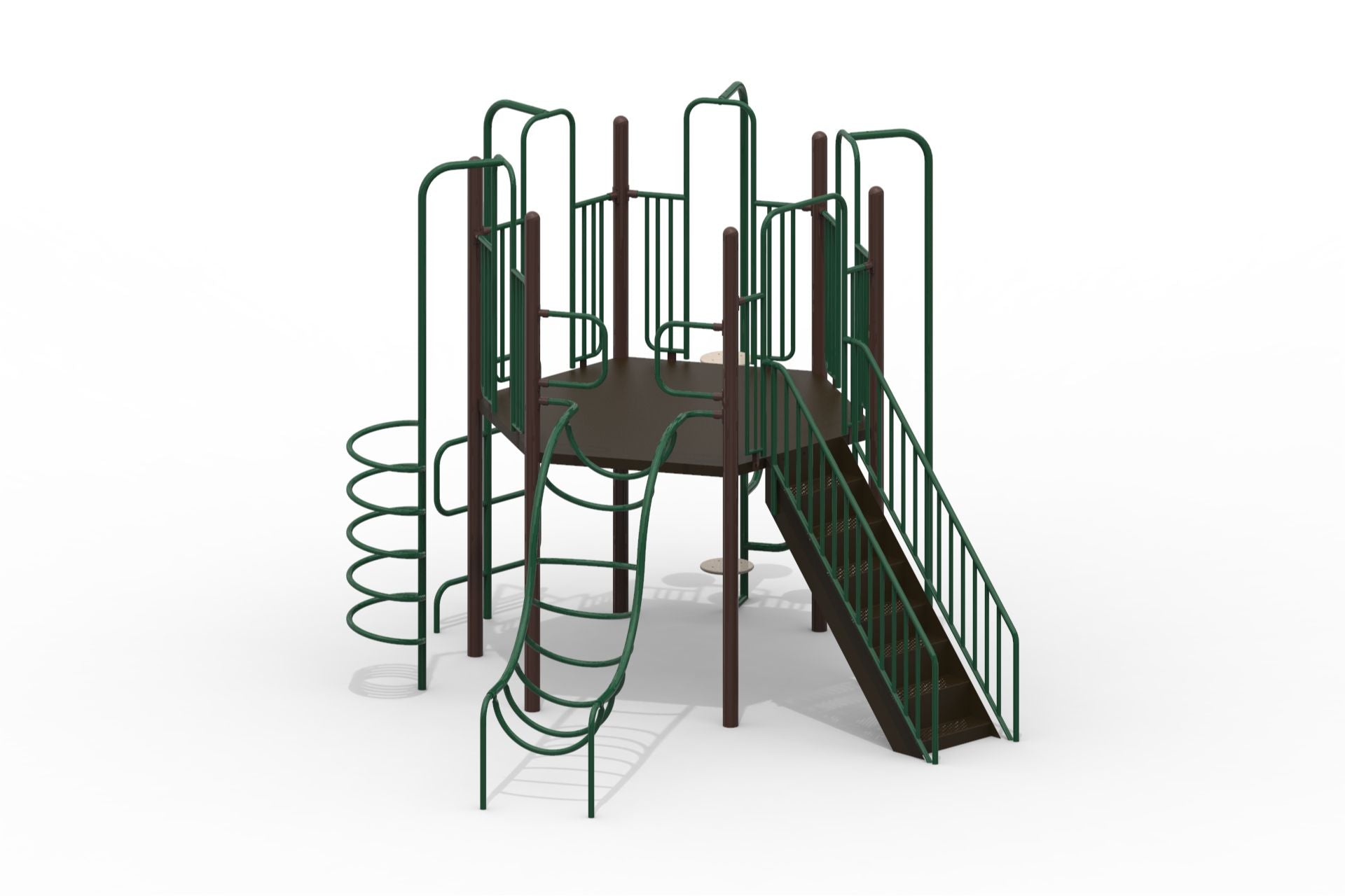 Gateway WillyGoat Playground Climber with 5-ft hex deck, green rails, stairs, U climber, spiral corkscrew, and half-circle ladders
