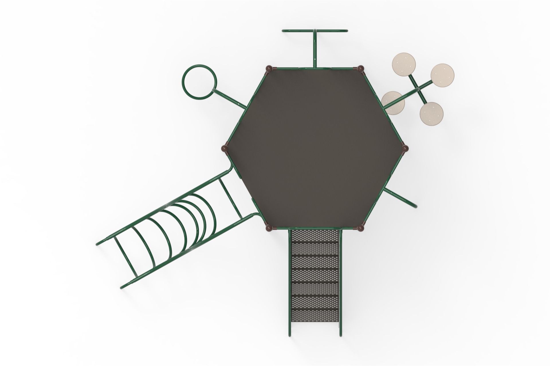 Overhead view of green WillyGoat playground climber with 5-foot hex deck, step ladder, U climber, pad climber, and fire pole
