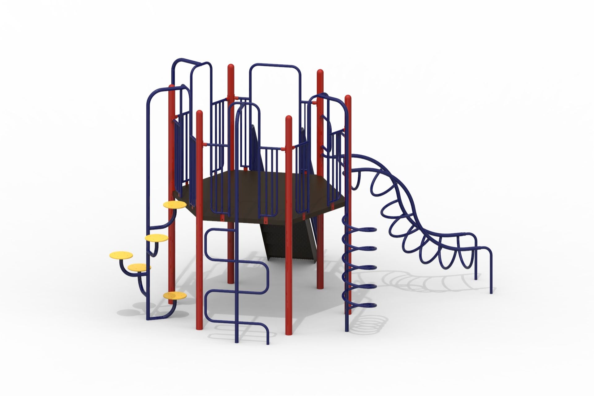 Commercial playground climber with 5' hex deck, corkscrew, half-circle and U climbers; red-blue frame with yellow step pads.