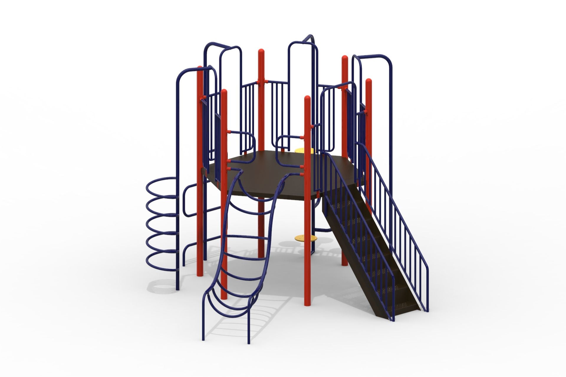 Playground climber with 5‑ft hex deck, stairs, U and corkscrew climbers, red posts and blue rails