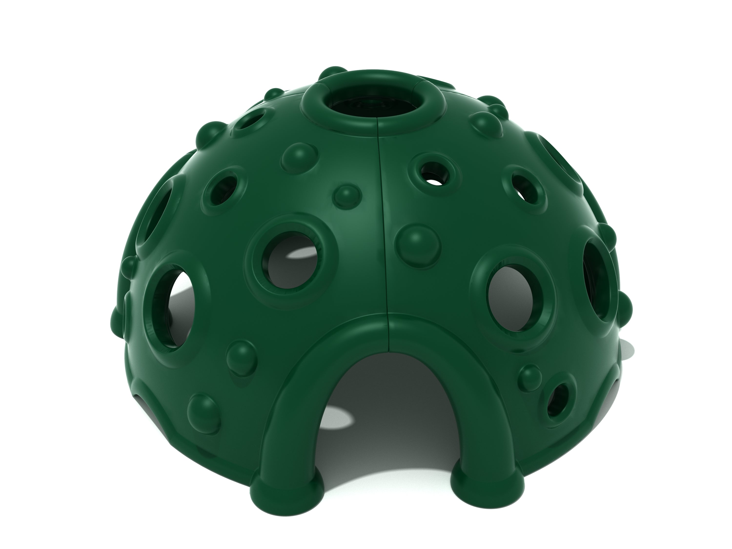 Green plastic climbing dome with archway entrance and multiple circular holes for playground climbing and exploration