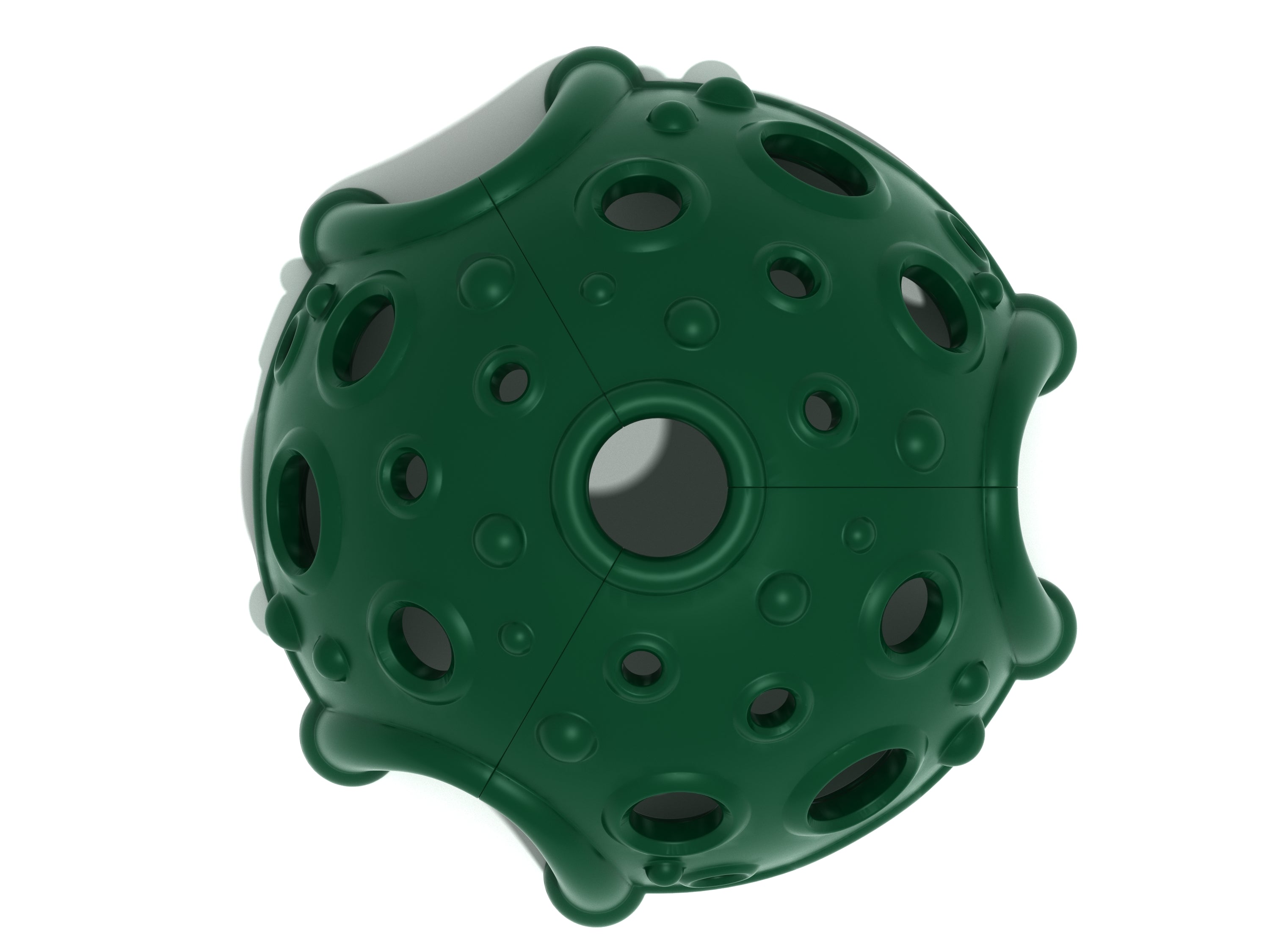 Overhead view of a dark green climbing dome with multiple circular holes and rounded climbing grips for playground use