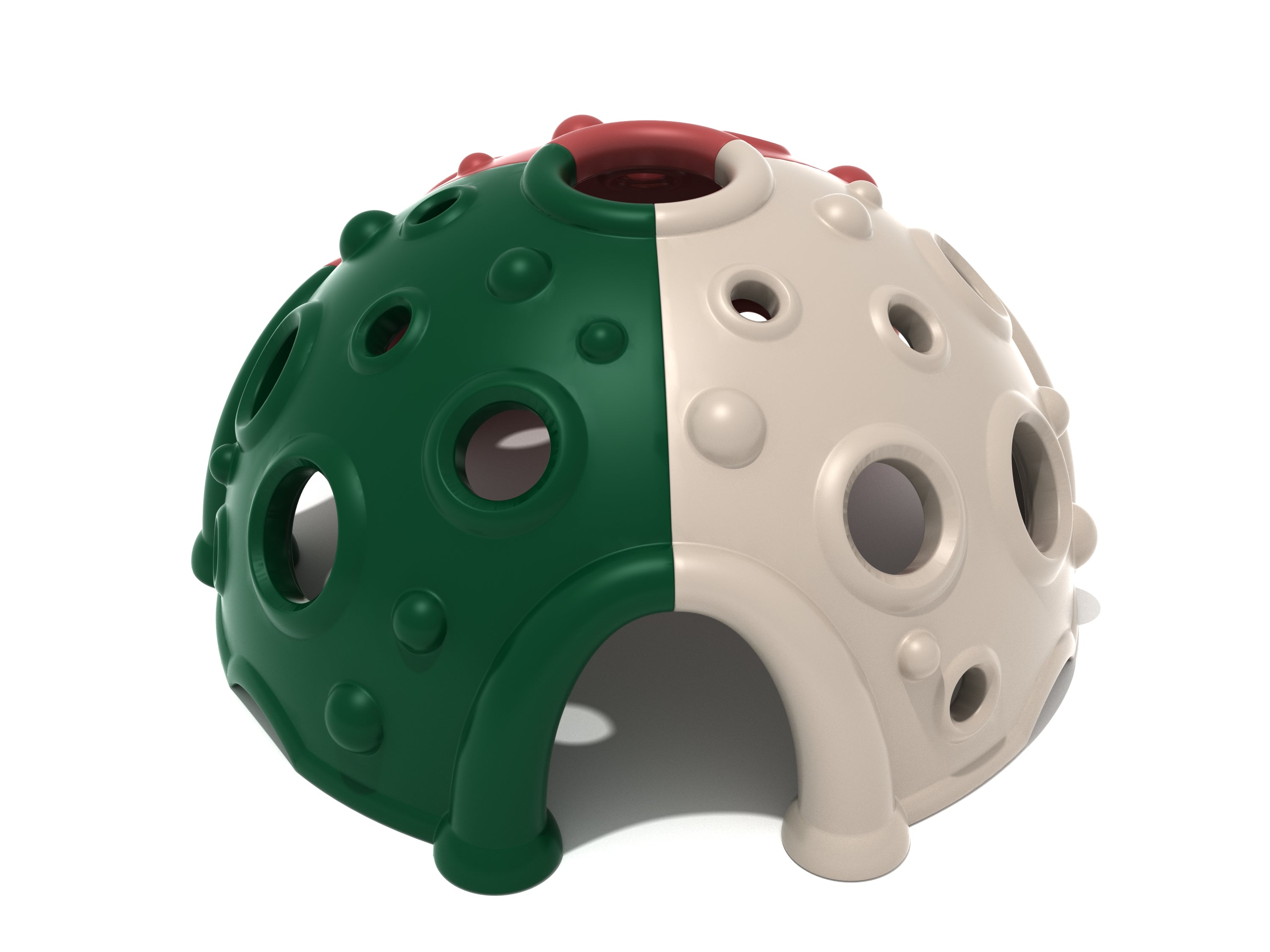 Three-piece climbing dome with green, white, and red panels, multiple circular holes, and an archway entrance for playground play