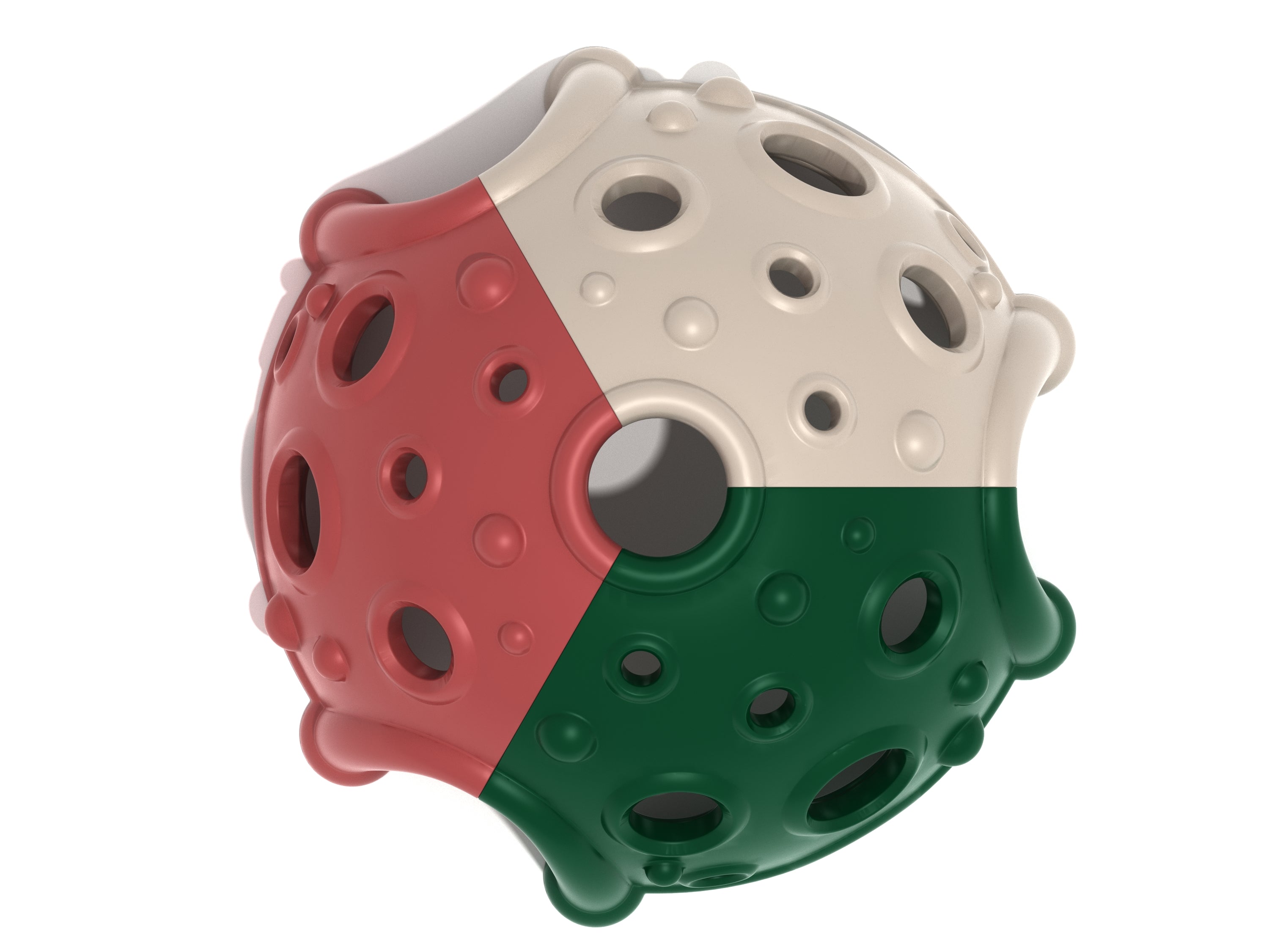Overhead view of a multi-colored climbing dome with circular holes and textured surfaces for playground climbing and exploration