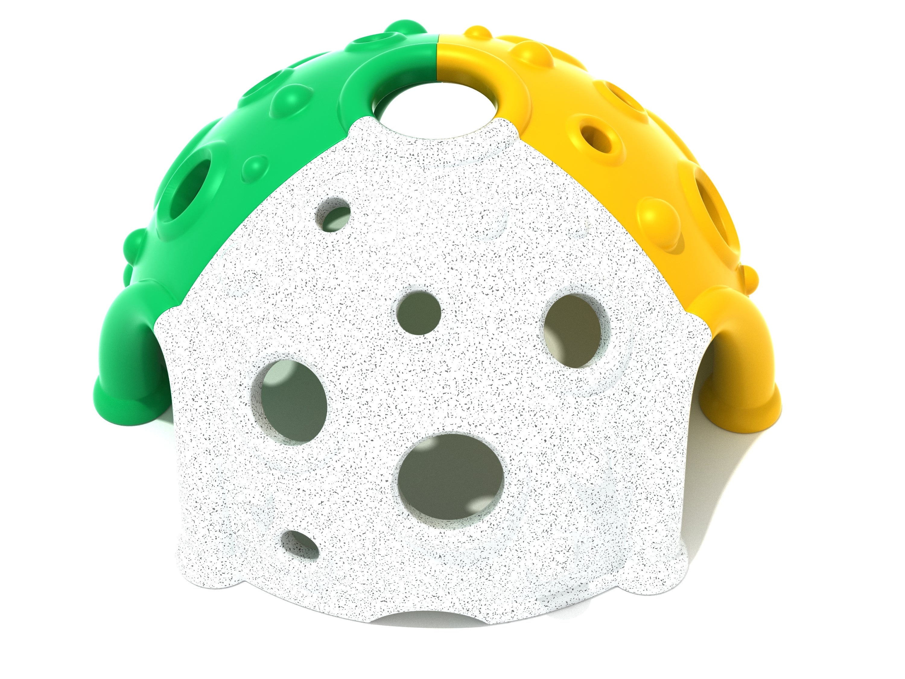 Three-piece colorful climbing dome with multiple circular holes and textured surfaces for playground exploration