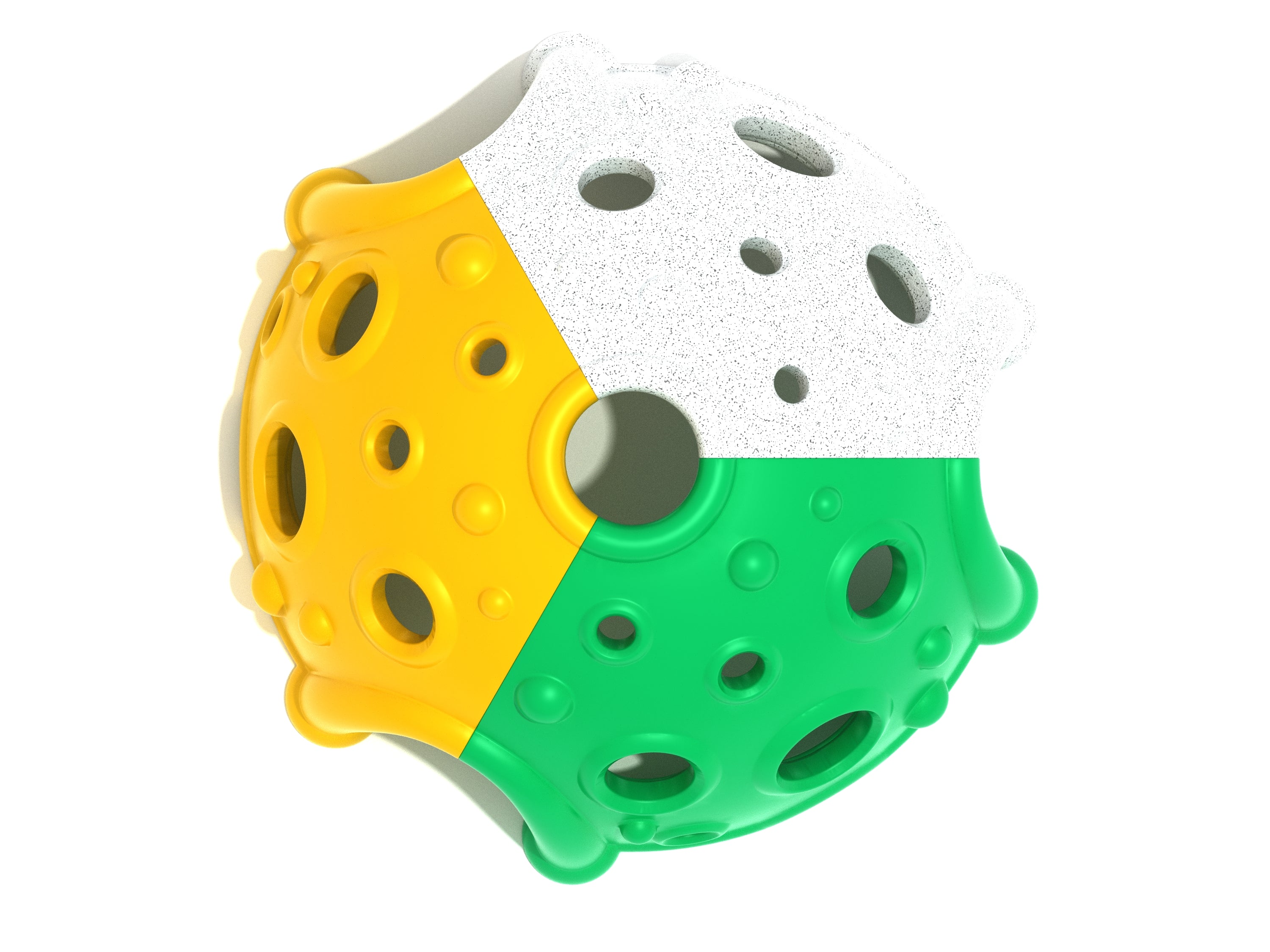 Overhead view of a multi-colored climbing dome with yellow, white, and green panels featuring circular climbing holes