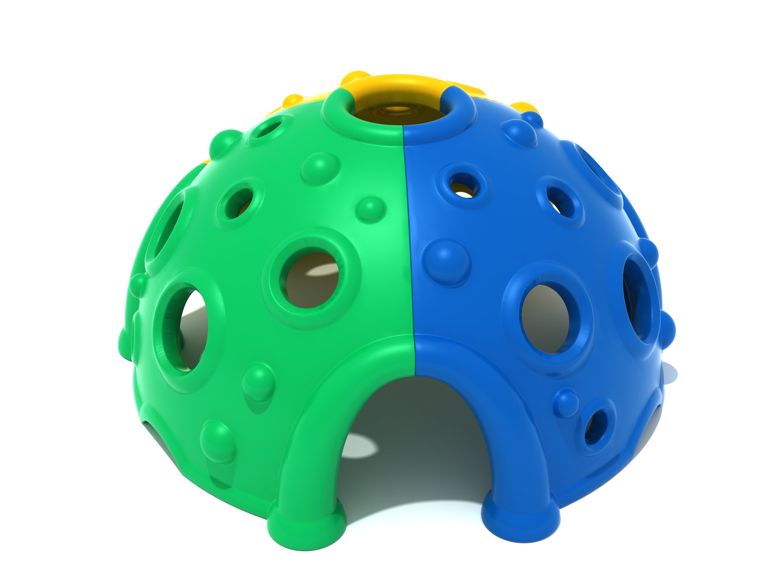 Logan's Dome climbing equipment with green, blue, and yellow plastic panels featuring multiple circular holes and an archway for play and exploration