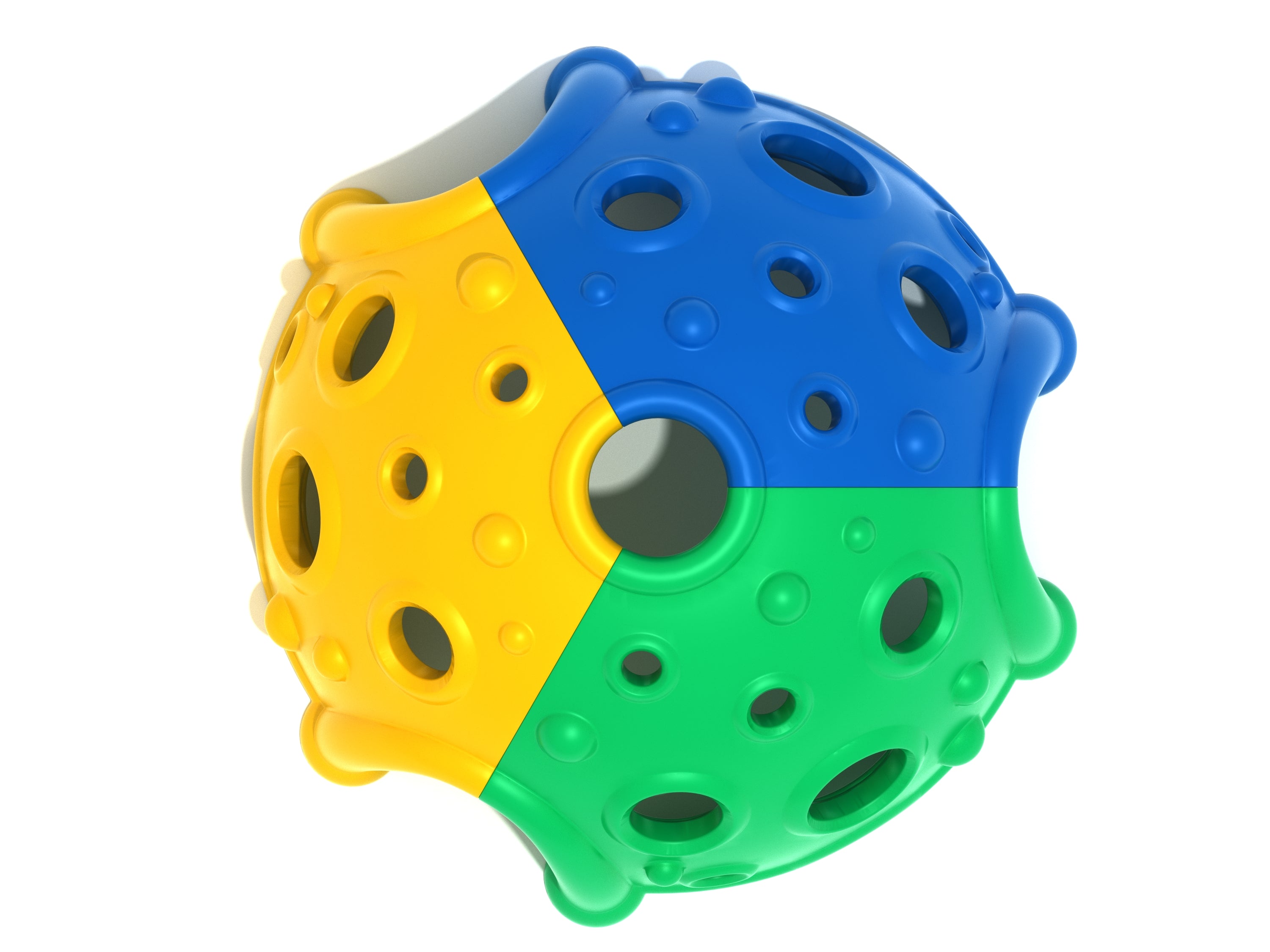 Overhead view of a colorful plastic climbing dome with yellow, blue, and green sections featuring multiple circular climbing holes