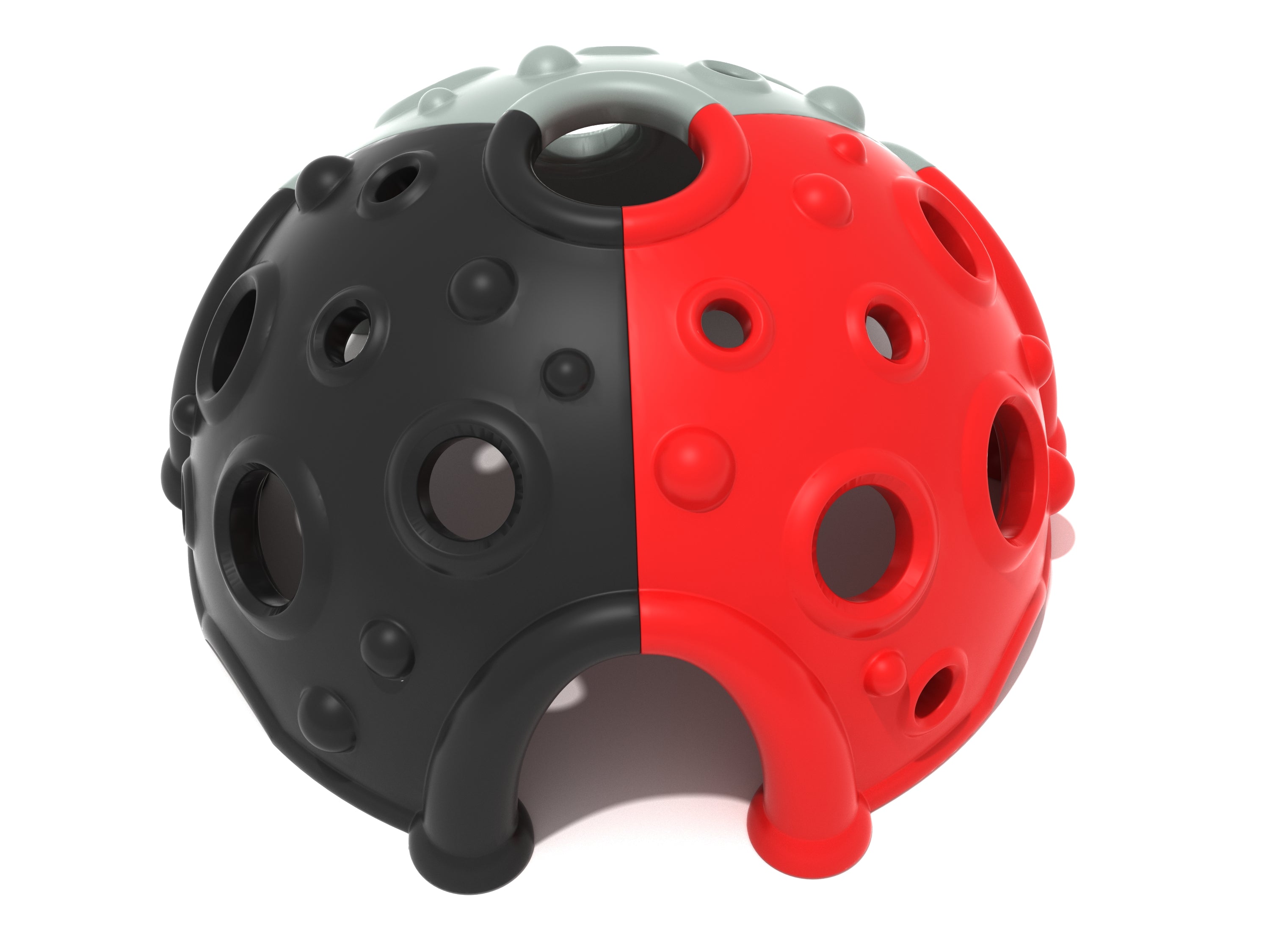 Three-piece climbing dome with black, red, and gray sections featuring circular holes and rounded climbing grips