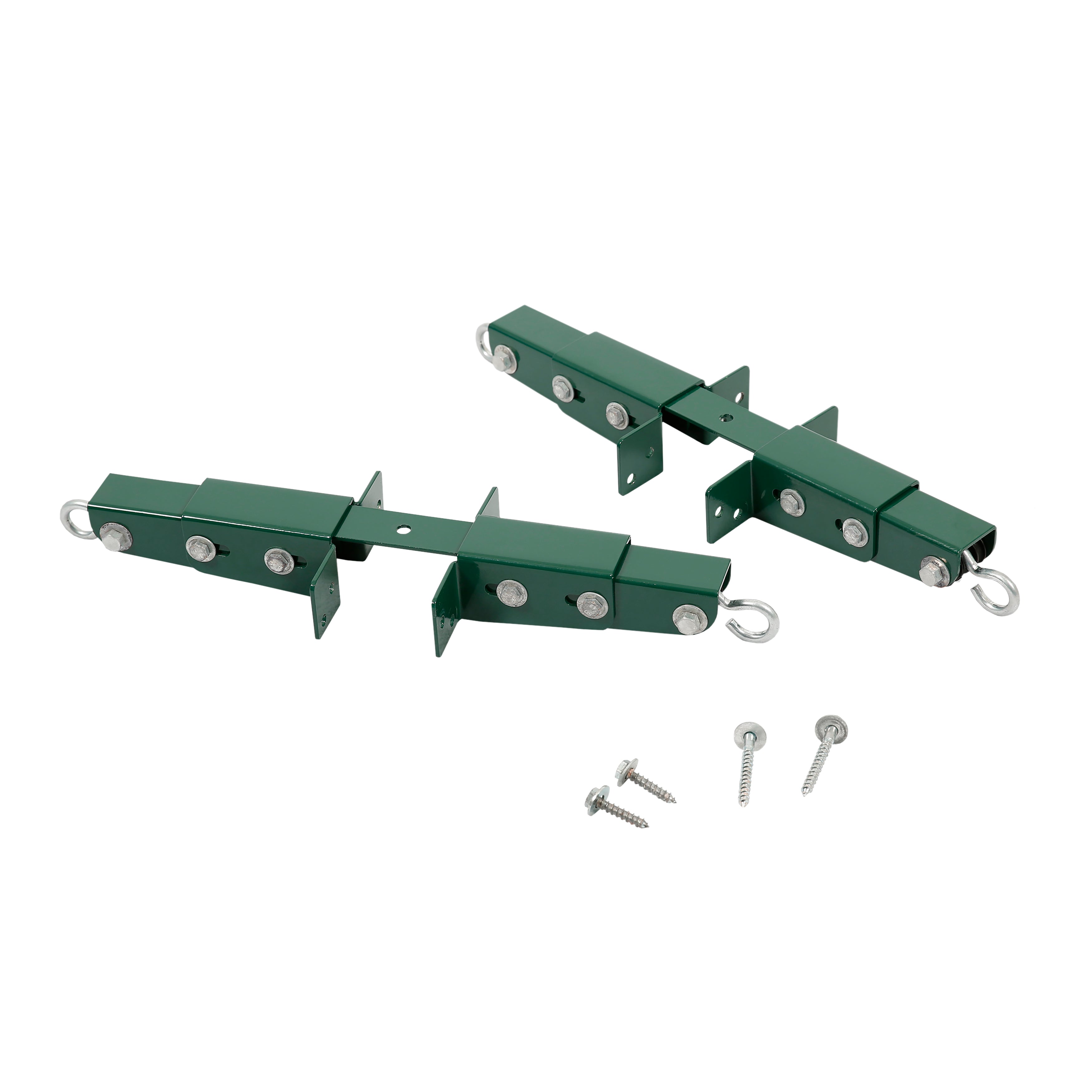 Pair of green steel adjustable glider brackets with mounting screws for swing set beams