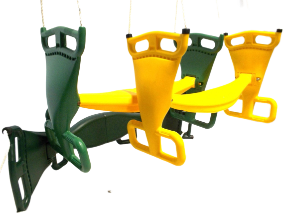 Yellow and green plastic back-to-back glider swing with rope and chain assembly for two children