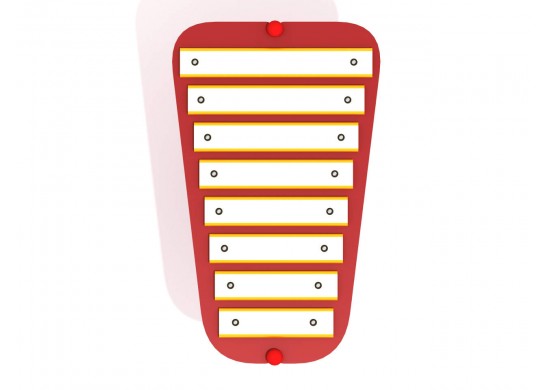 Overhead view of a red-framed glockenspiel with eight white tuned metal bars and attached mallets for musical play